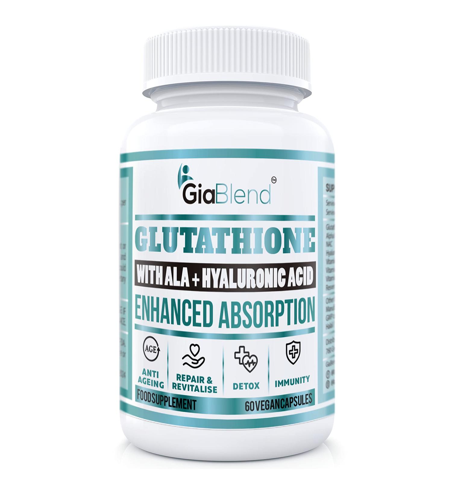 GiaBlend Glutathione 1000mg Biologically Active Reduced Form with ALA + Hyaluronic Acid Softgels Capsules 60 Count (Pack of 1)