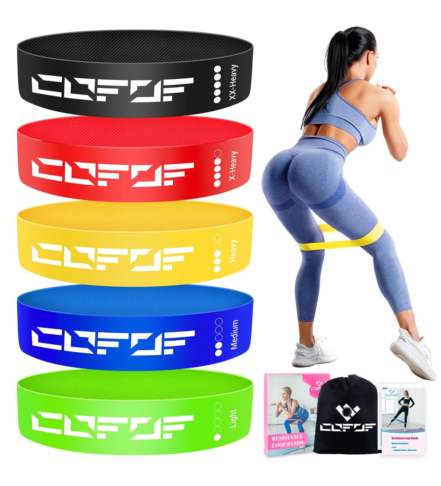 COFOF Fitness Band Set - 5 Latex Resistance Bands for Yoga Pilates & Strength Training | German Instructions & Carry Bag - Buy Online on GoSupps.com