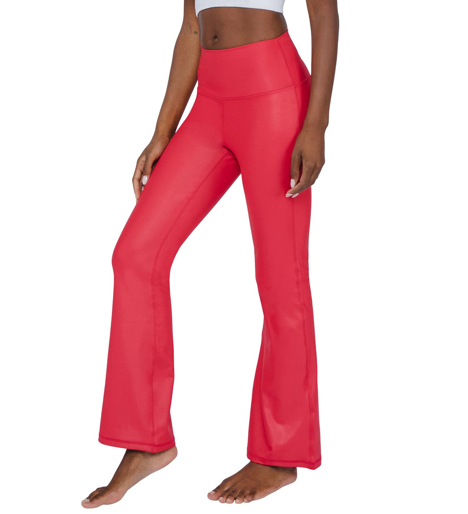 90 Degree By Reflex Faux Leather Flared Leg Yoga Pants - Squat Proof Interlink Leggings in Scorpio Red | Stylish & Comfortable Activewear for All | International Shipping Available - Buy Online on GoSupps.com