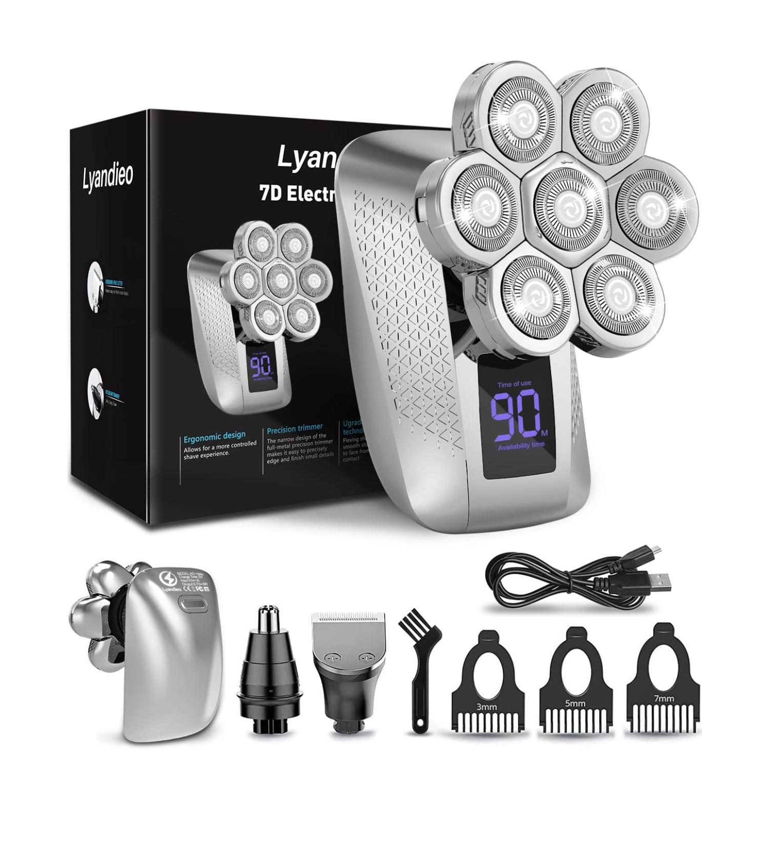 Lyandieo 7D Head Shaver for Bald Men - Waterproof Electric Razor with Nose Hair Trimmer, LED Display, Rechargeable - Silver - Buy Online on GoSupps.com
