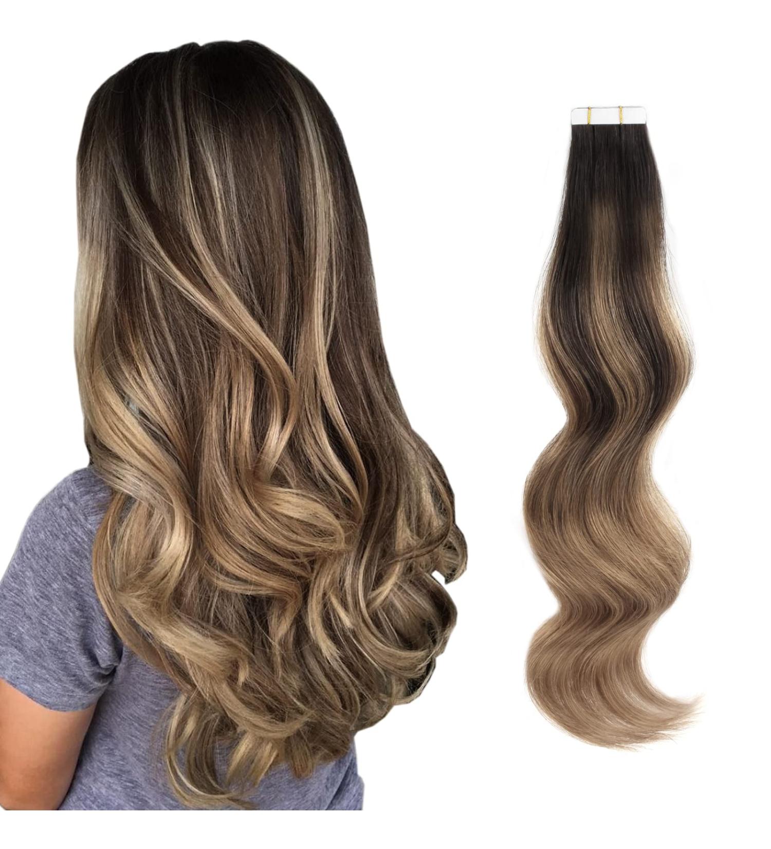 Buy Balayage Hair Tape In Extensions - Real Human Hair Invisible Double-Sided Chestnut Brown & Deep Dark Brown 50g 20 Pieces 45cm - Buy Online on GoSupps.com