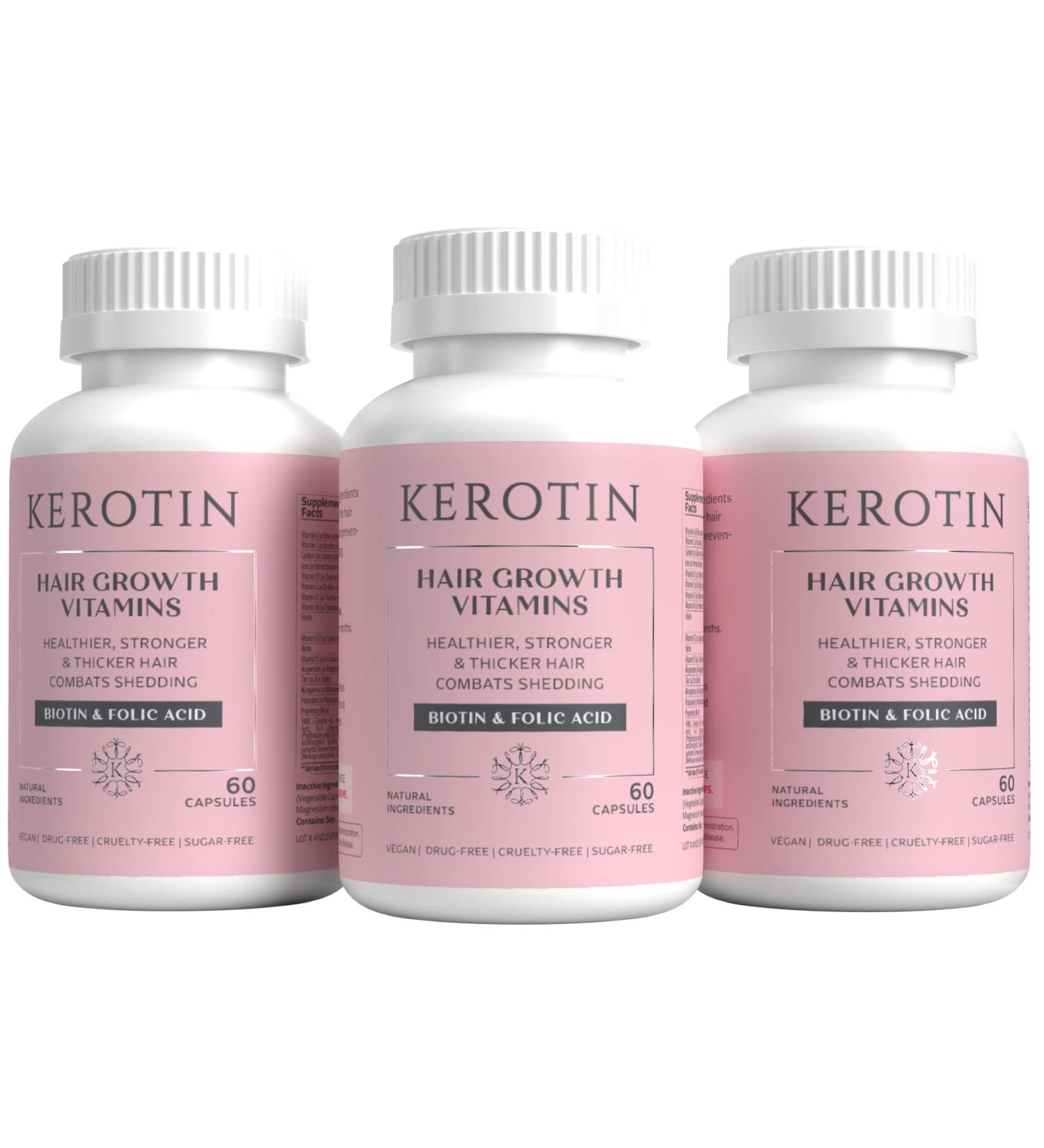 Kerotin Hair Growth Vitamins - Enriched with Biotin, Folic Acid & Saw Palmetto - 180 Capsules - Hair Loss Supplement for Thick, Strong Hair - Buy Online on GoSupps.com
