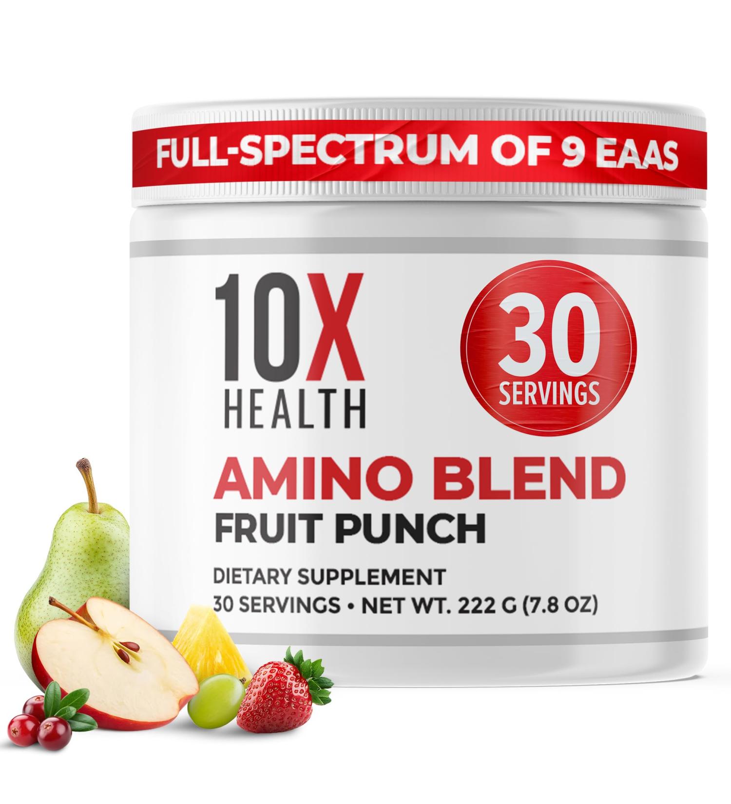 10X Health Amino Acids - 30 Servings of EAA & BCAA Powder Pre Workout BCAA with Essential Amino Acids Supplement - BCAAs & EAAs for Longevity Muscle Support Strength Energy - Fruit Punch - Buy Online on GoSupps.com
