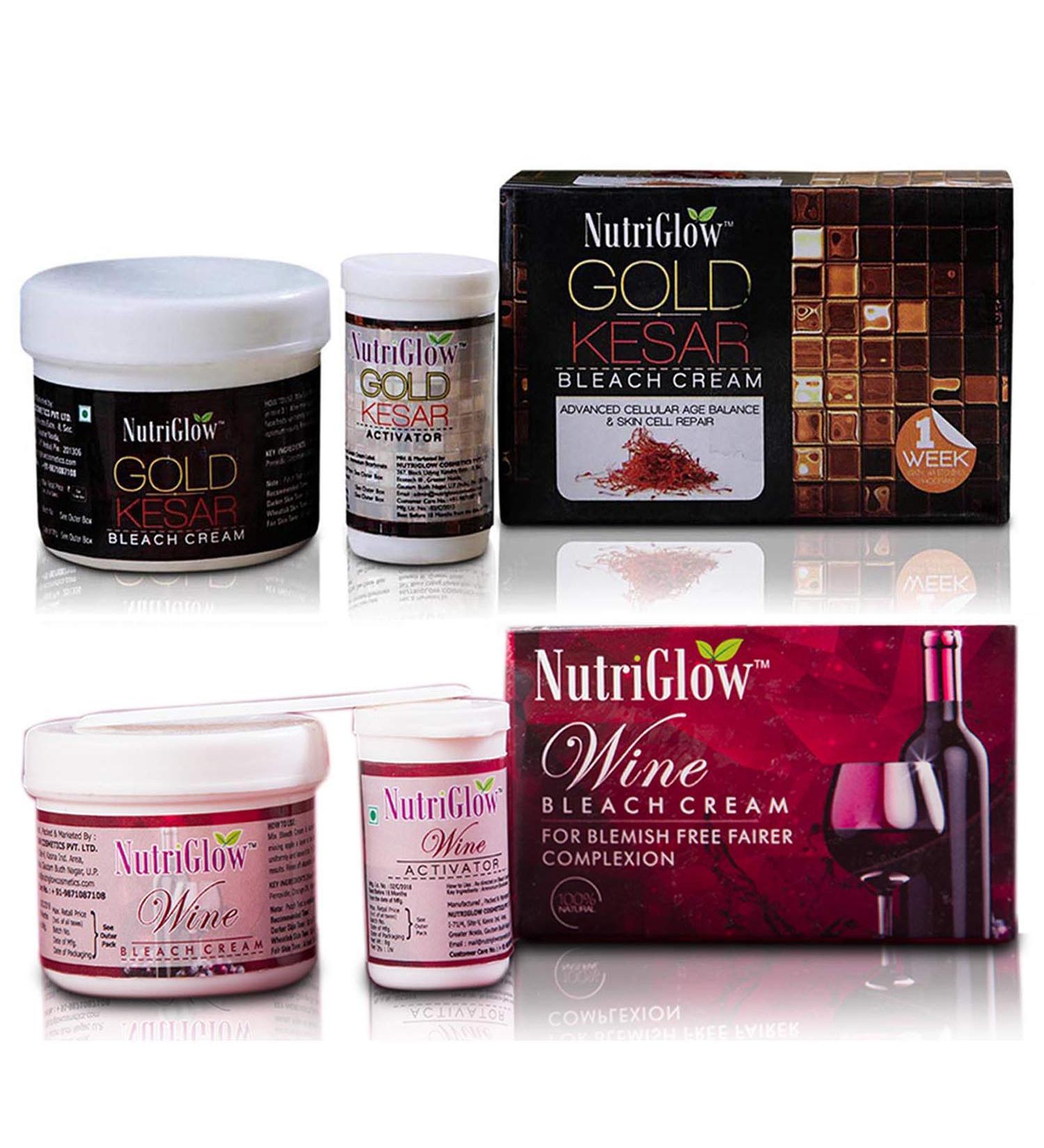 Nutriglow Gold Kesar Bleach Cream & Wine Bleach Cream for Skin Cell Repair Natural Glow Hydration Cover Up Unwanted Hair 43G Each Pack of 2 - Buy Online on GoSupps.com