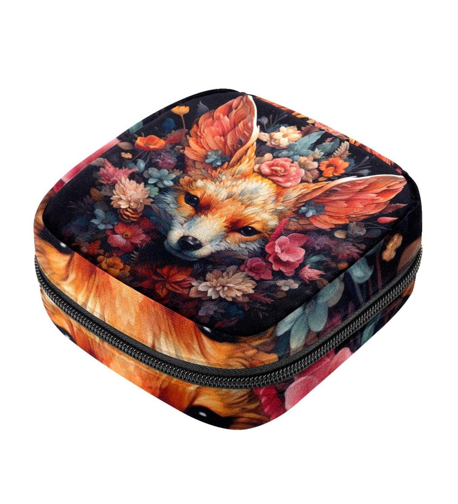 Sanitary Napkin & Menstrual Cup Storage Bag - Floral Fox Design | Women's Period Pads Holder - Buy Online on GoSupps.com