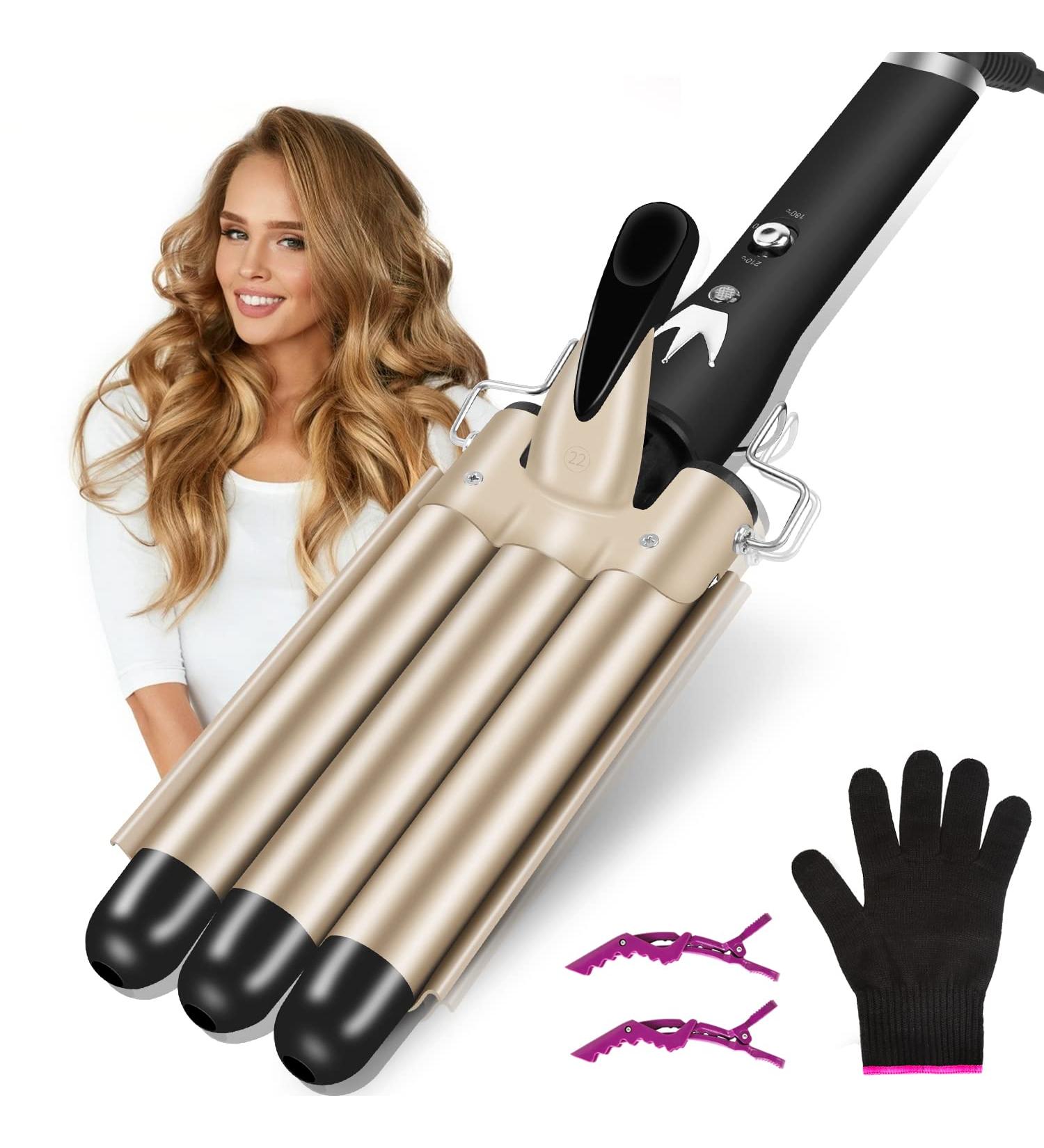 LAYADO 3 Barrel Curling Iron 22mm - Ceramic Tourmaline Triple Barrels Hair Waver Iron with Adjustable Temperature - Dual Voltage - Gold - Buy Online on GoSupps.com