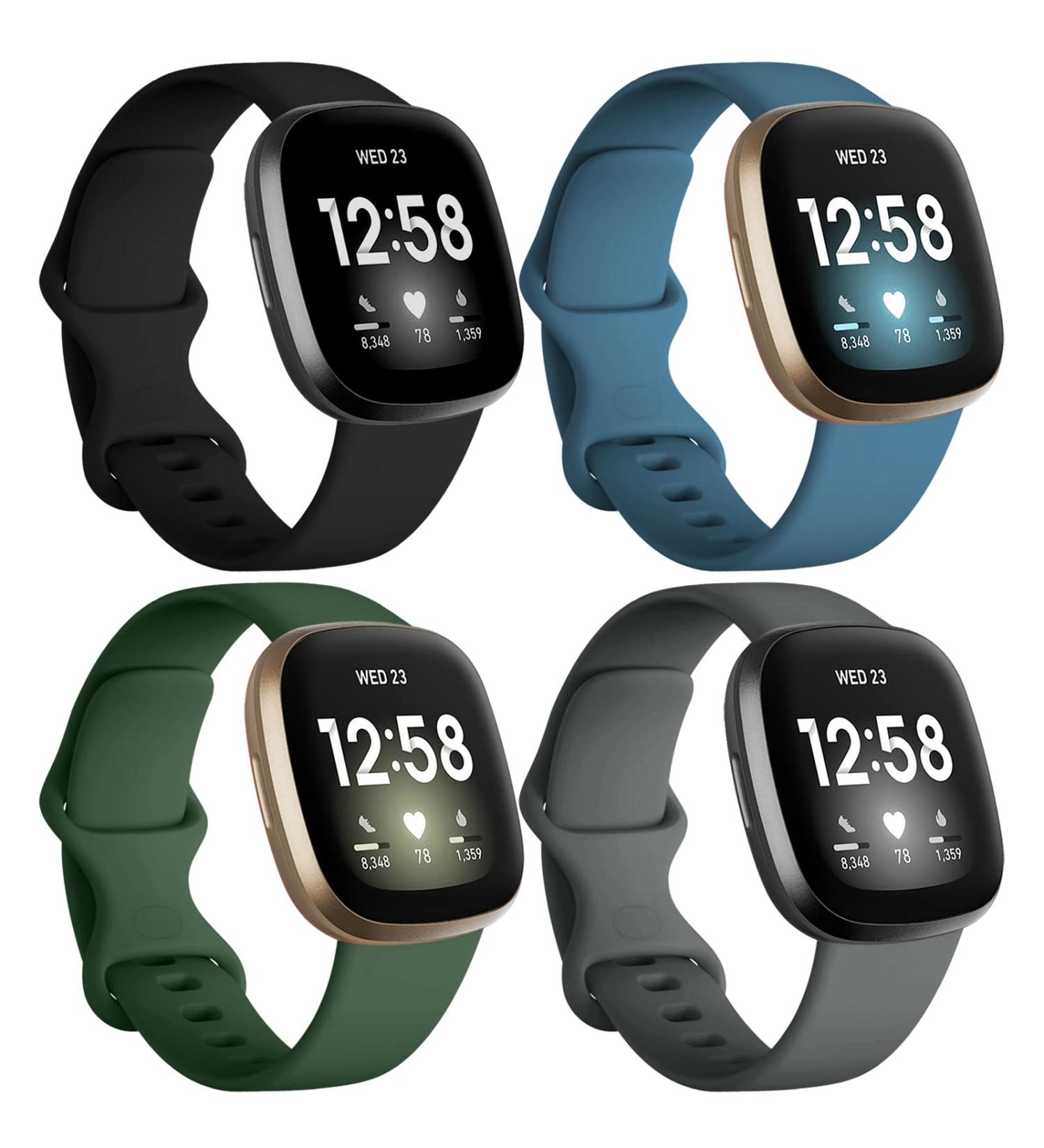 Dirrelo 4 Pack Band for Fitbit Versa 3 & Sense | Soft TPU Sport Straps Replacement | Smartwatch Wristband Set in Black/Darkgreen/Grey/Indigo | Large Size Men Women - Buy Online on GoSupps.com