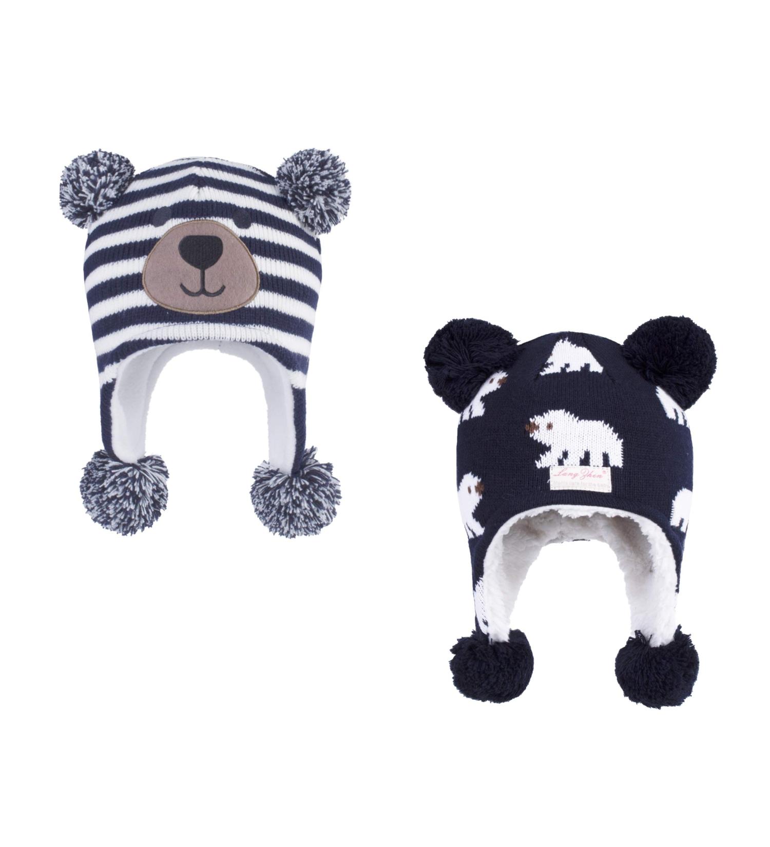 LANGZHEN Toddler Winter Hat with Earflap, Fleece Lined Beanie for Boys & Girls 2-4 Years - Navy Stripe + Polar Bear Navy - Buy Online on GoSupps.com