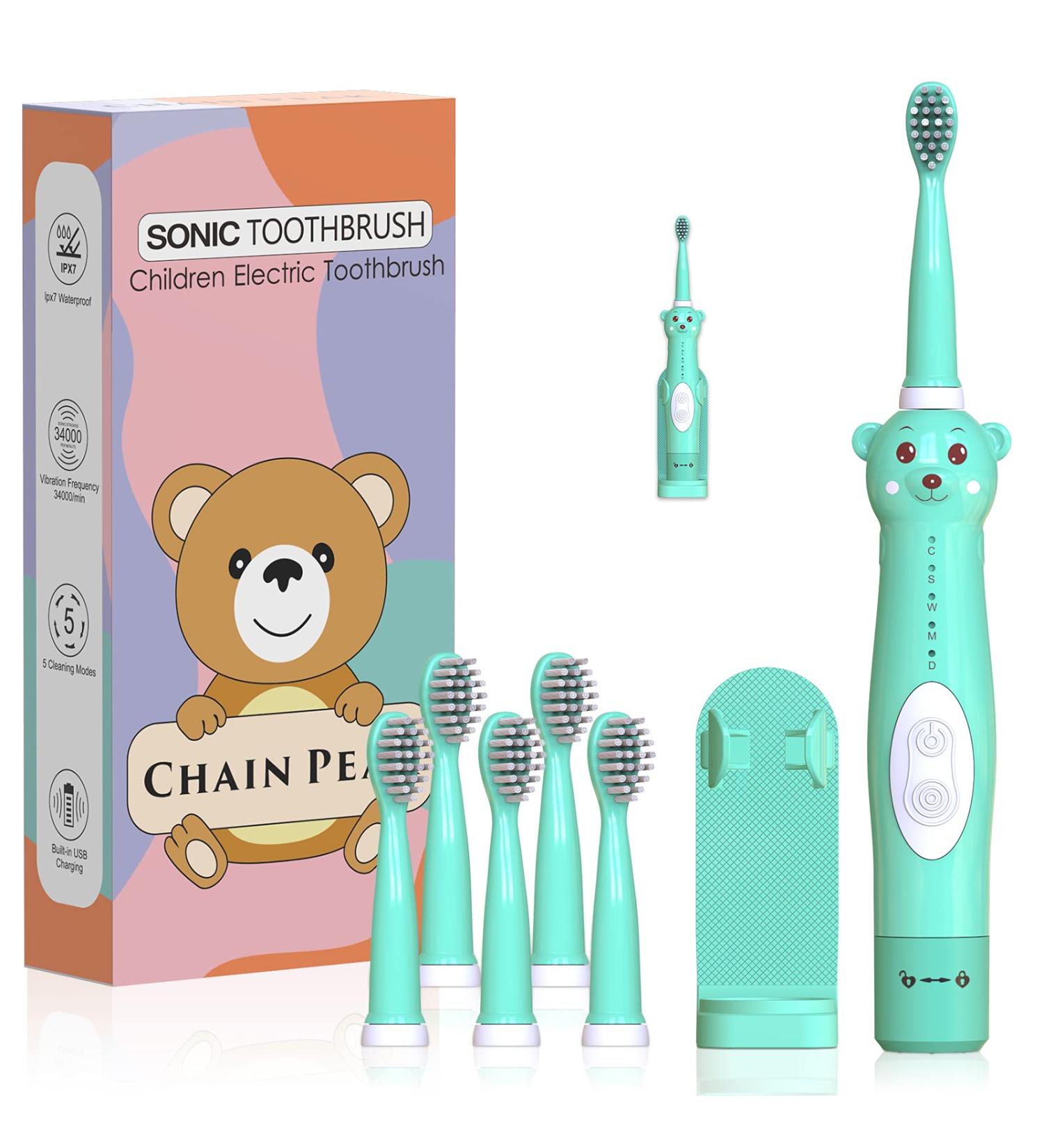 Kids Sonic Electric Toothbrush - Rechargeable Cute Bear Design for Boys and Girls (Ages 3-12) | 30s Reminder, 2 Min Timer, 5 Modes | 6 Brush Heads & Wall-Mounted Holder Included - Green - Buy Online on GoSupps.com