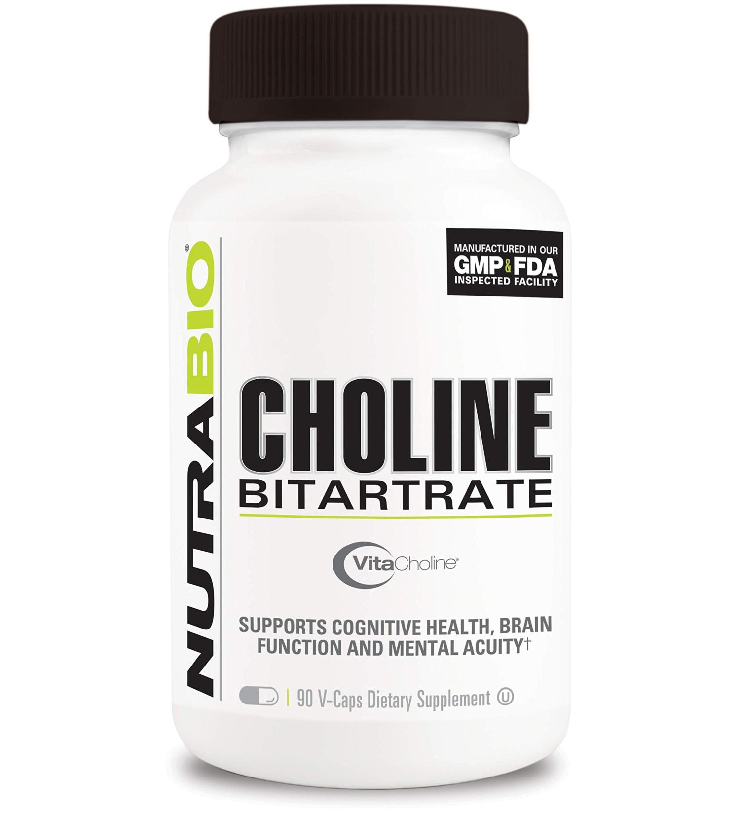 NutraBio Choline Bitartrate 550mg - 90 Veg Capsules | Cognitive Health & Mental Acuity Support - Buy Online on GoSupps.com