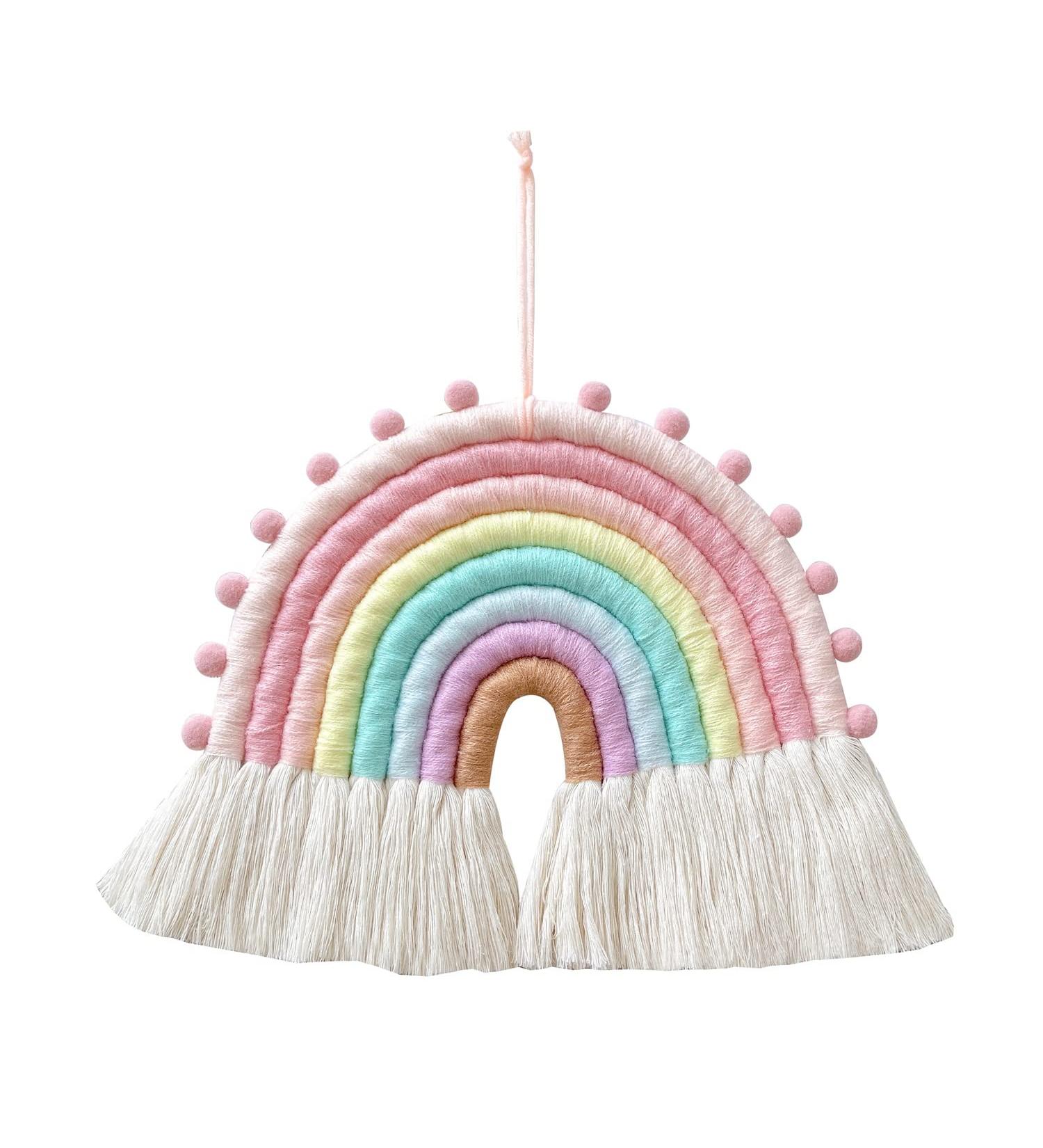 Handmade Rainbow Macrame Wall Hanging Decor for Nursery & Kids Bedroom - Pink Tassel Cotton Accessory for Baby Toddler Room - Buy Online on GoSupps.com