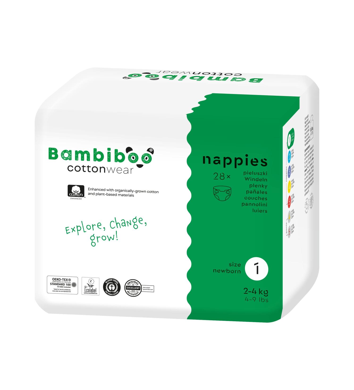 Bambibo Baby Diapers Size 1 (Newborn 2-4kg) - 28 Organic Cotton Diapers with Umbilical Neckline for Premature Babies | Cotton Soft & Eco-Friendly - Buy Online on GoSupps.com