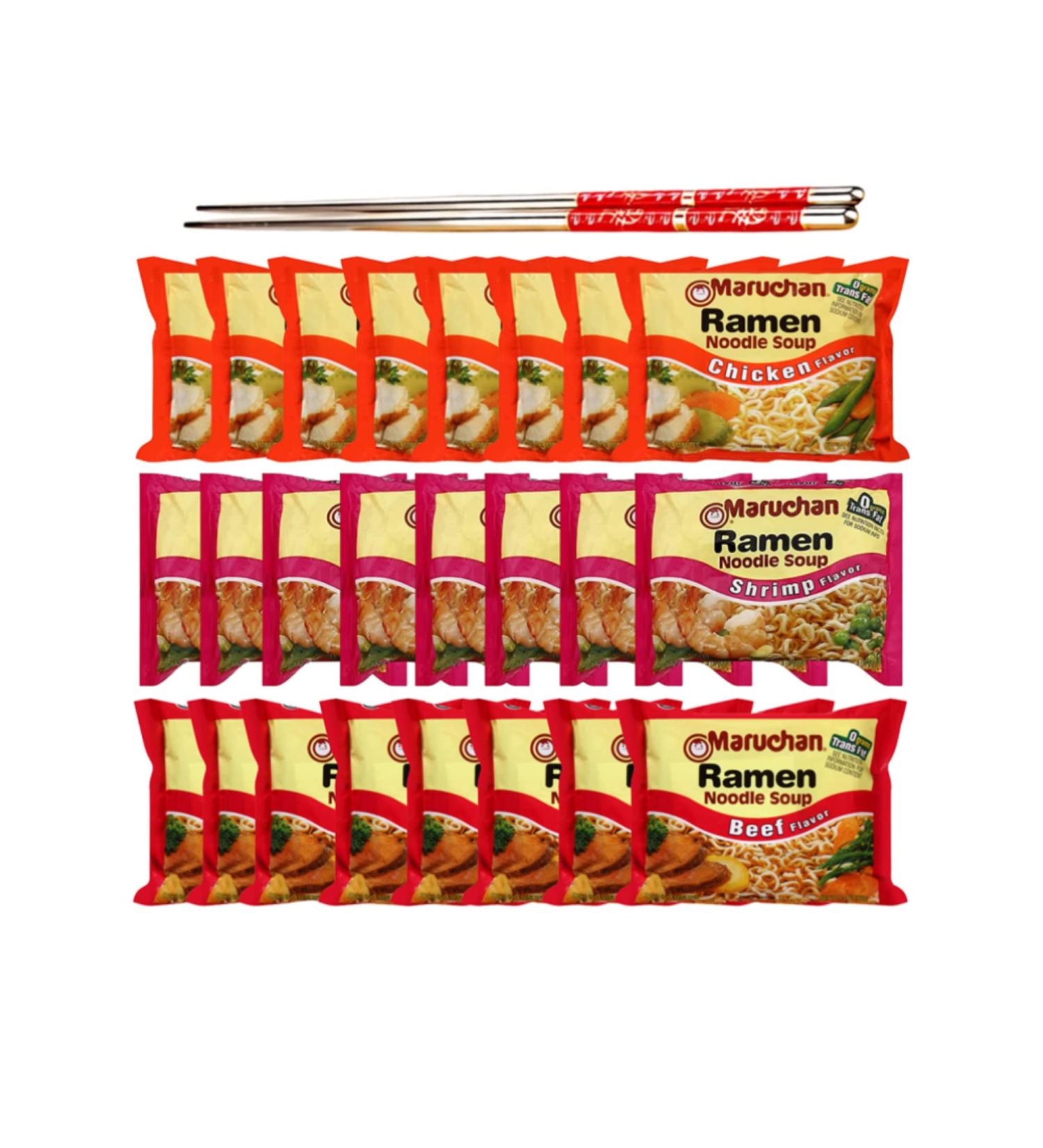 Ja Cor Instant Ramen Noodle Soup Variety Pack 3 Flavors (8) Chicken (8) Shrimp (8) Beef Flavor Noodles Bulk 3 oz Bundle with 1-Set of Reusable Chopsticks (24 Individual Packs) - Buy Online on GoSupps.com