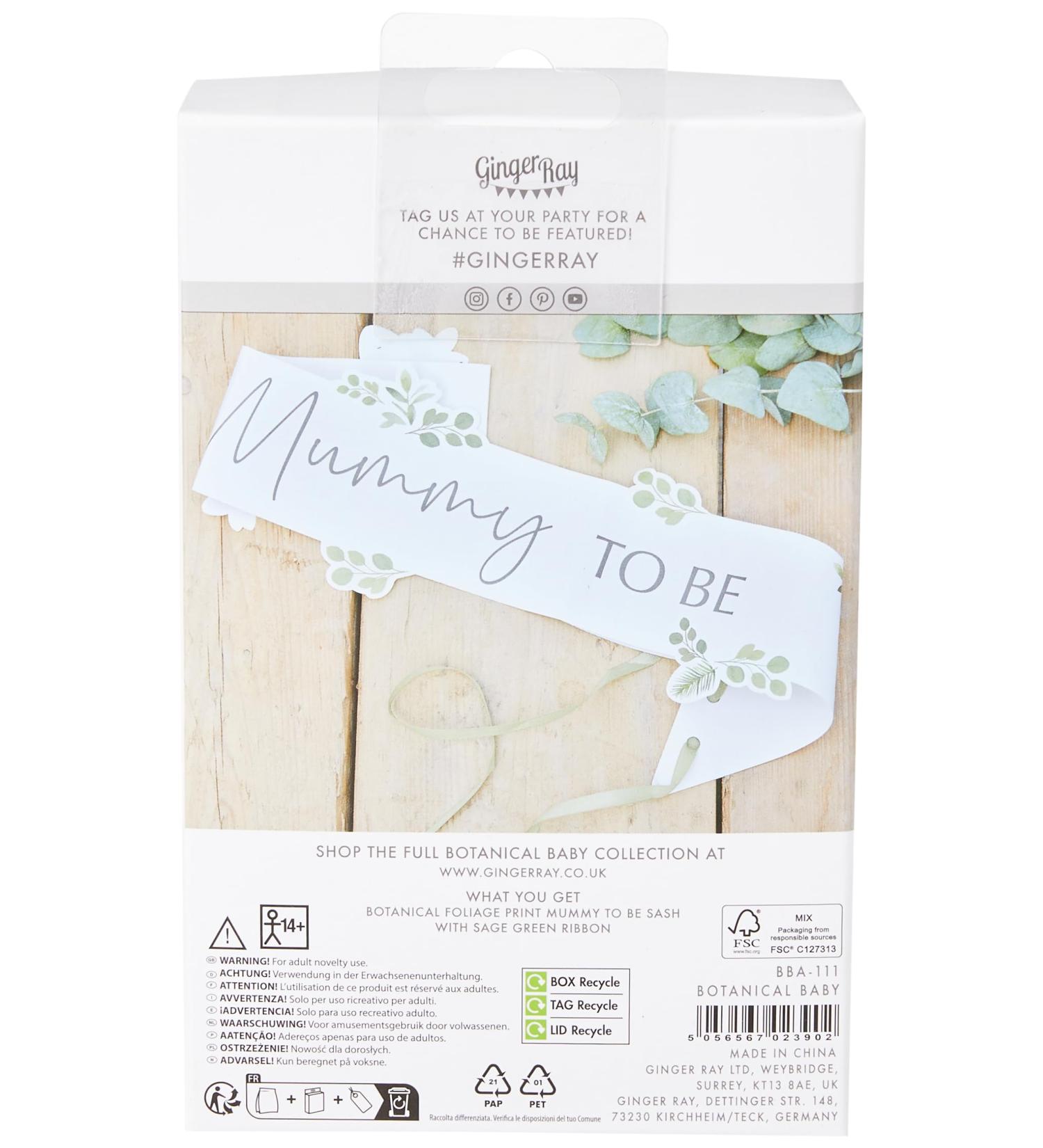 Ginger Ray Mummy to Be Botanical Baby Shower Sash - Sage Green Ribbon - 15x155cm - Buy Online on GoSupps.com