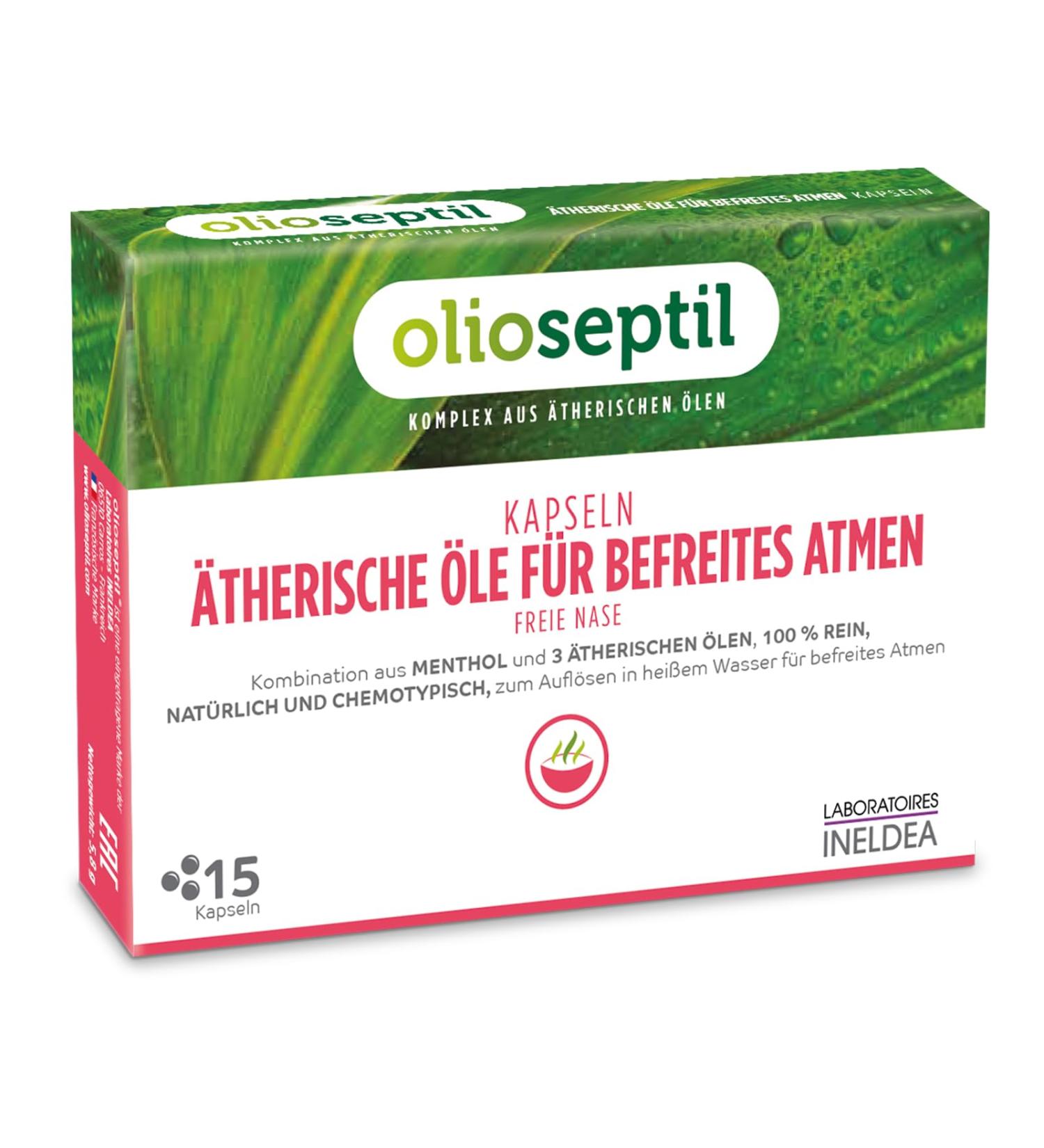 Olioseptil - capsules with essential oils for freed - inhale - for inhaling - combination of menthol and 100% natural chemotyped essential oils - without alcohol - 15 capsules eucalyptus 15 capsules