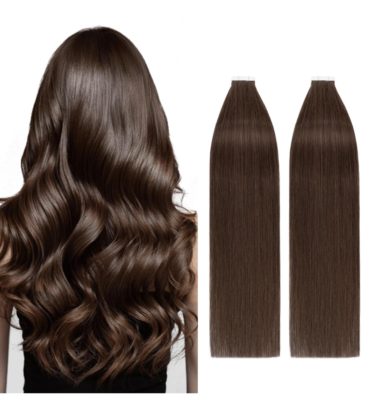 Silk-co Tape-In Real Hair Extensions Brown 40 Pieces Real Hair Tape Extensions Remy Tape Glue Extensions Skin Weft 80 g No. 04 Chocolate Brown 35 cm - Buy Online on GoSupps.com