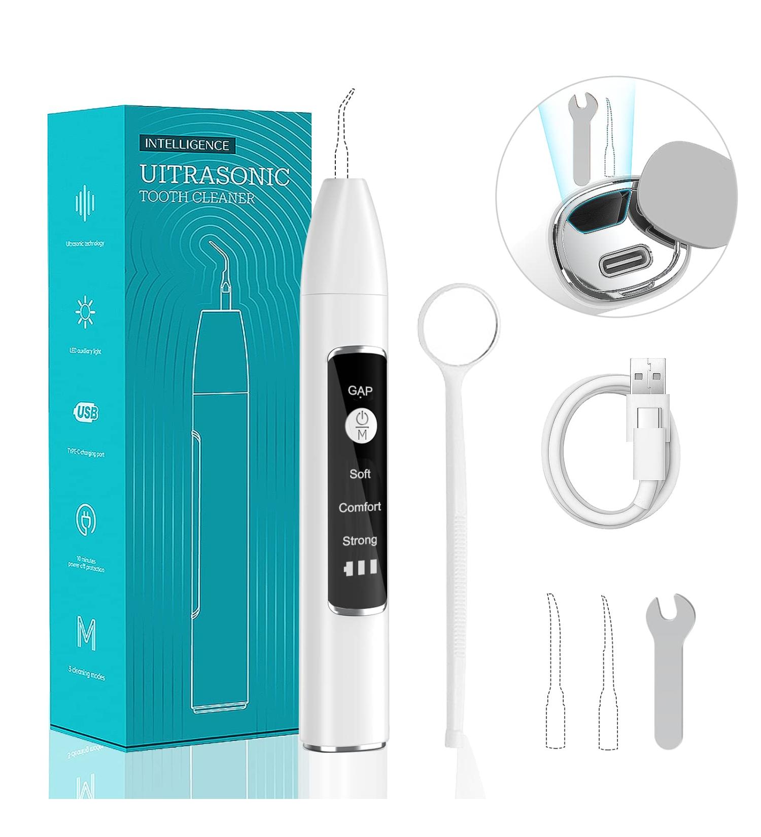 Tartar remover to the tooth cleaning set Professional for the care of tartar remove yourself at home tooth cleaning set There are 3 adjustable modes and 2 cleaning heads - white white