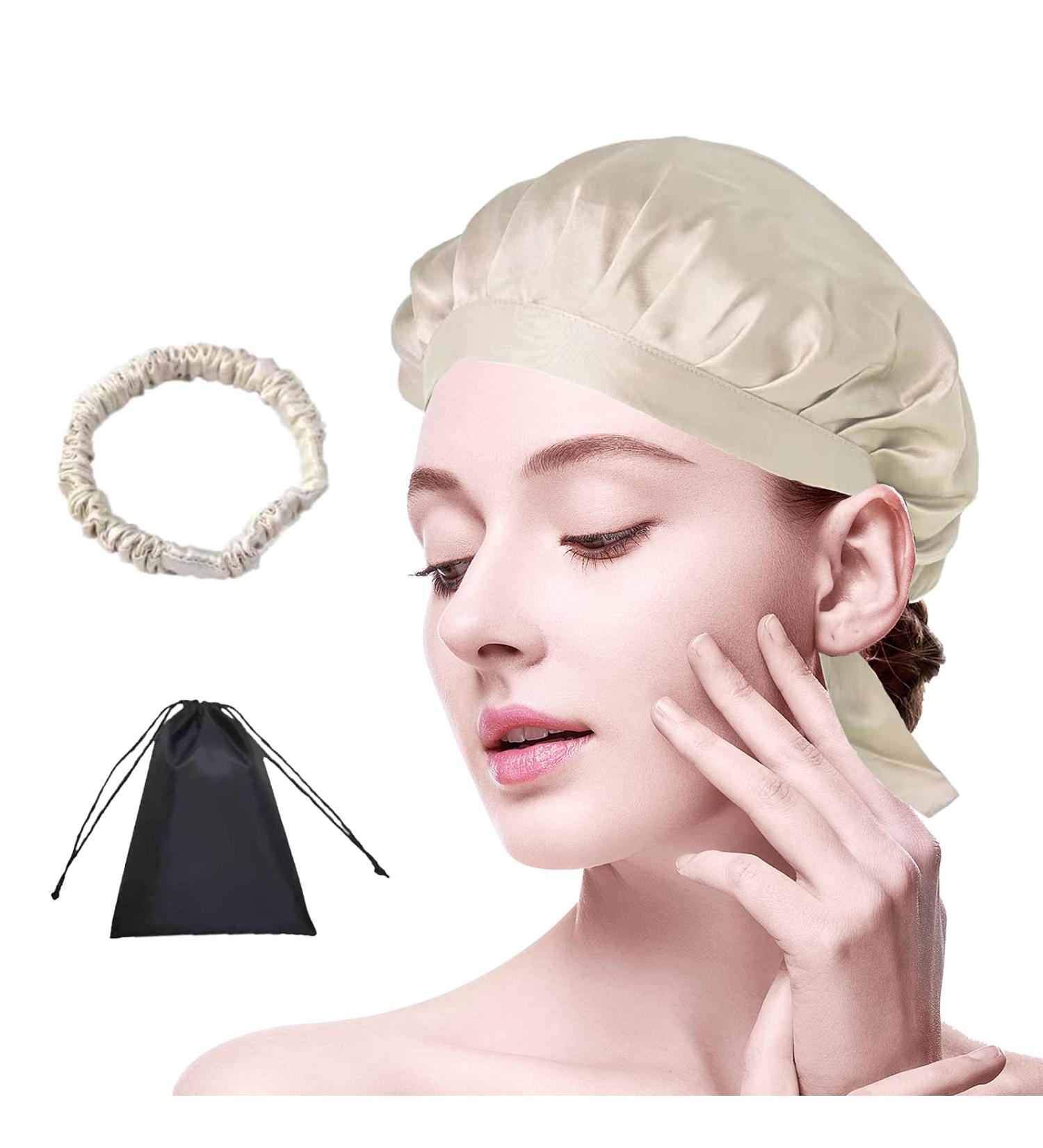 Satin Silk Bonnet - 100% Mulberry 19 Momme Sleep Cap with Ribbons - Beige - Buy Online on GoSupps.com