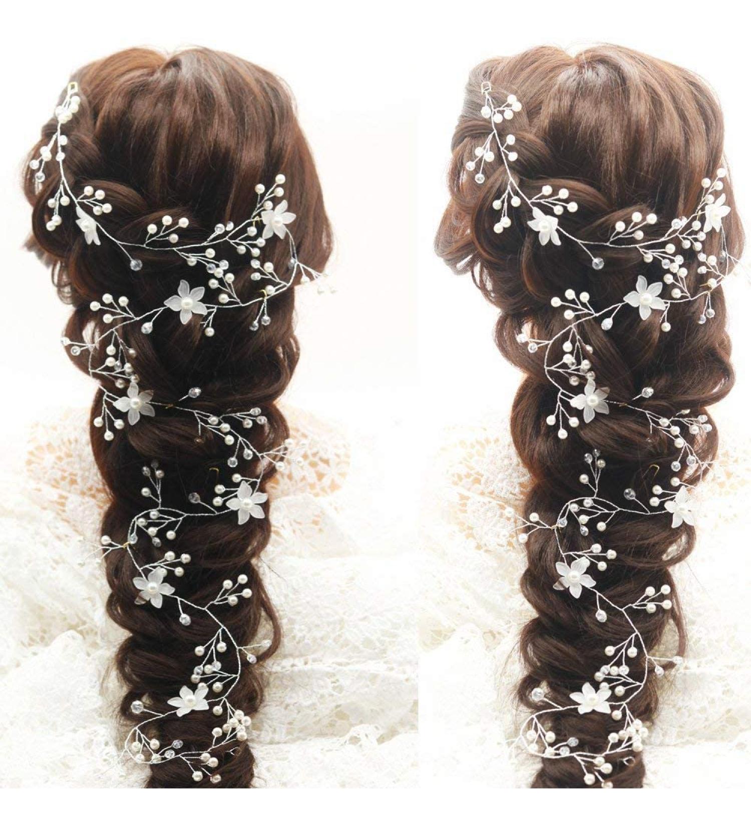 Teyglen Bride Wedding Flower Pearls Long Hair Vine - Handmade Bridal Headpiece with Silver Rhinestone Crystal Beads - Wedding Hair Accessories for Women - Buy Online on GoSupps.com