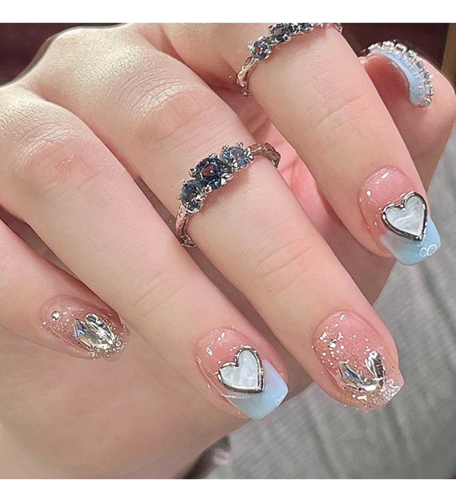 Buy Hkanlre Square Press on Nails - Short Pink Crystal False Nails with Heart Tips | 24PCS Full Cover Fake Nails for Women & Girls - International Shipping Available - Buy Online on GoSupps.com