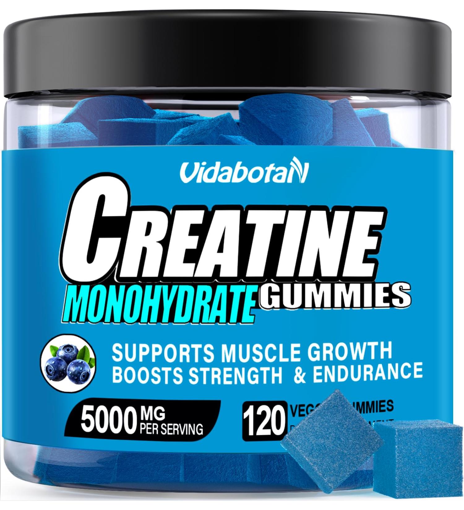 Creatine Monohydrate Gummies - 5g Strength Boost Sugar Free Vegan Blueberry Flavor - 120 Count - For Men & Women - Buy Online on GoSupps.com