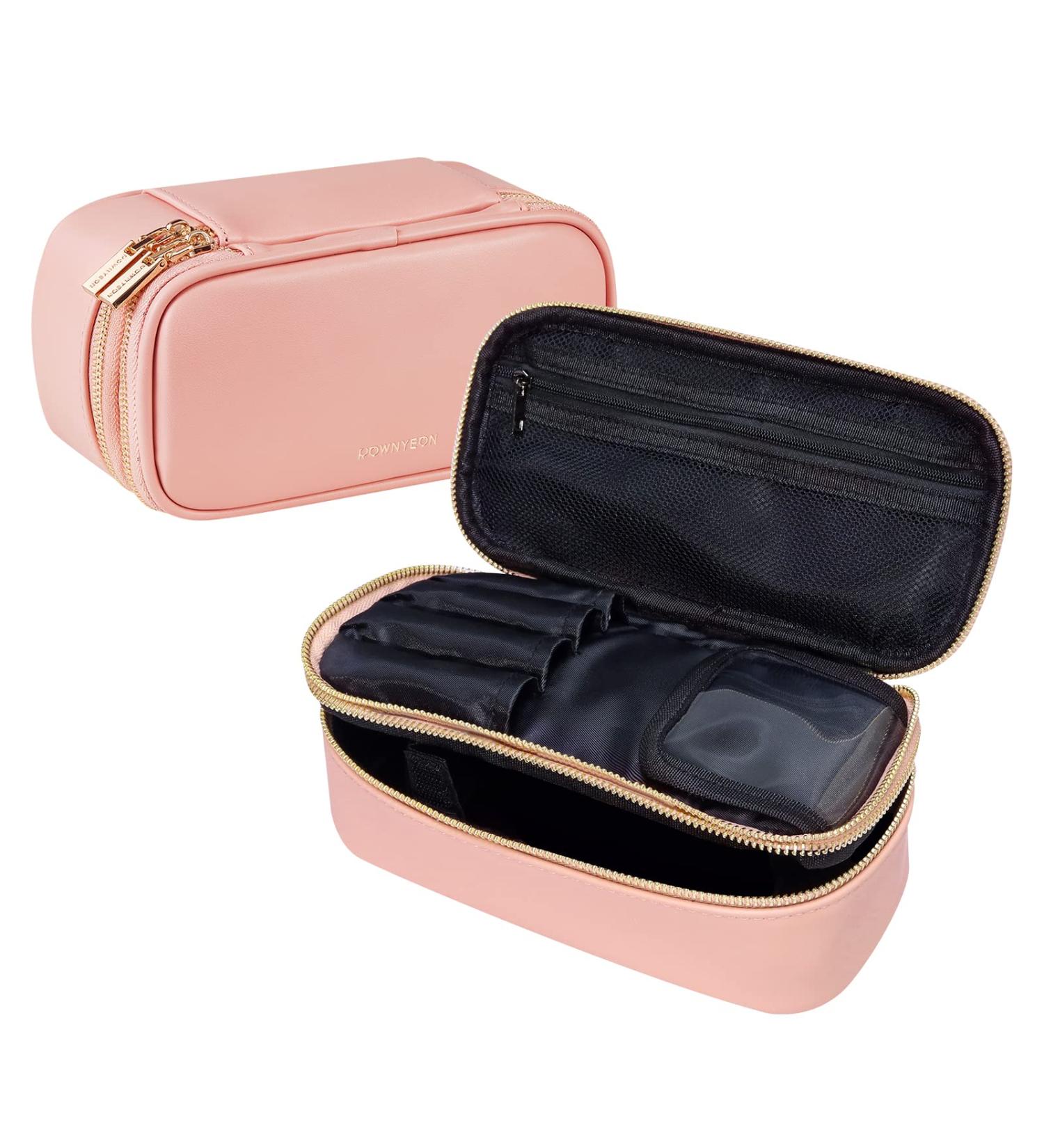ROWNYEON Small Dual Layer Travel Makeup Bag - Pink | Portable Waterproof Toiletry Pouch and Brush Holder | Professional Organizer and Cute Case - Buy Online on GoSupps.com