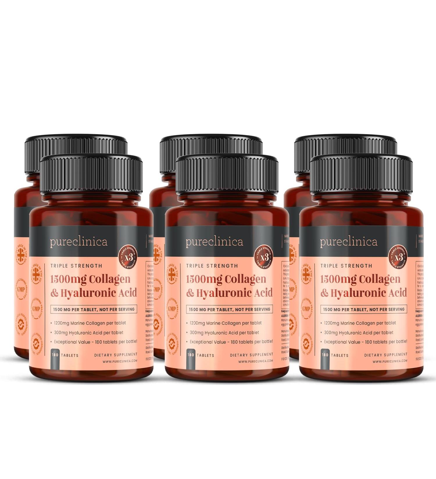  pureclinica 1500 mg x 1080 tablets. 1200 mg of UltraColl Collagen and 300 mg of hyaluronic acid per tablet. (6 bottles of 180 tablets each - 36-month supply) - Buy Online on GoSupps.com