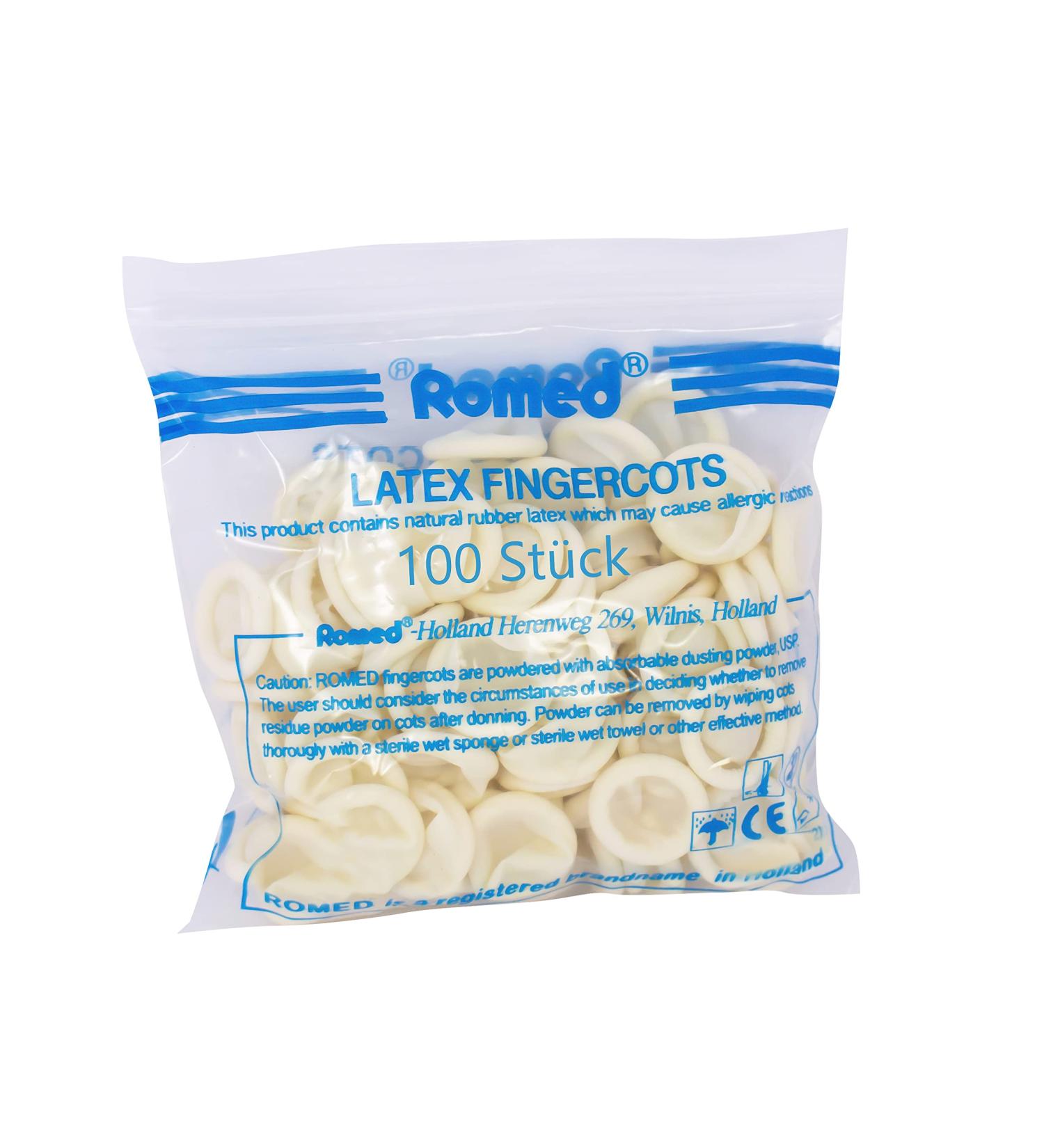 Romed Powdered Latex Finger Cots - Size M (100 Pieces) | Perfect for Hygiene & Dexterity | Shop Internationally - Buy Online on GoSupps.com