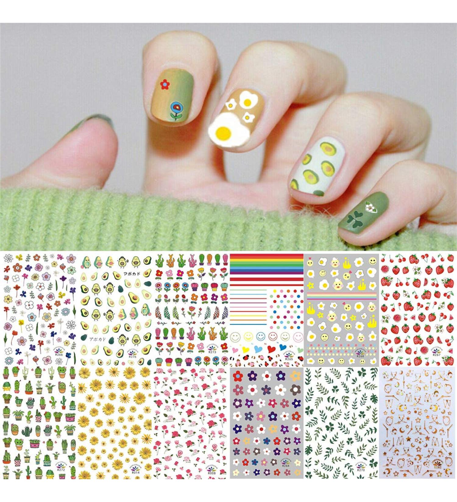 Kalolary 3D Nail Art Stickers - 1000+ Patterns Decals for Women & Kids - Spring Flower Fruit Plant Stars Moon Smiling Face - Manicure Salon Gift (12 Sheets) - Buy Online on GoSupps.com