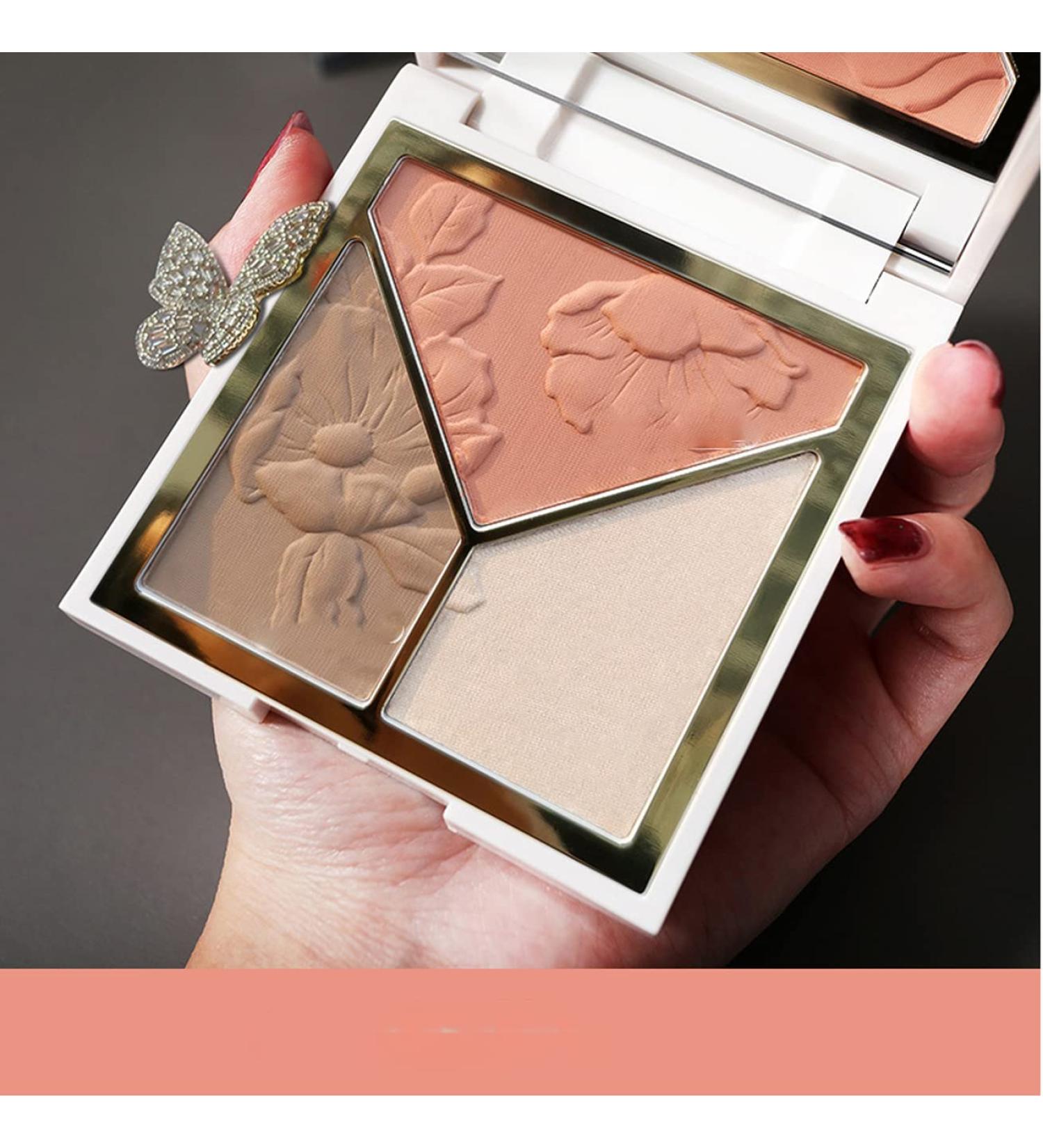 3-in-1 Makeup Palette: Highlighter, Contour, Blush - Matte Shimmer Glow | Face Illuminator Powder for Bronzer & Silky Contouring - Compact & Brillliant Finish - Buy Online on GoSupps.com