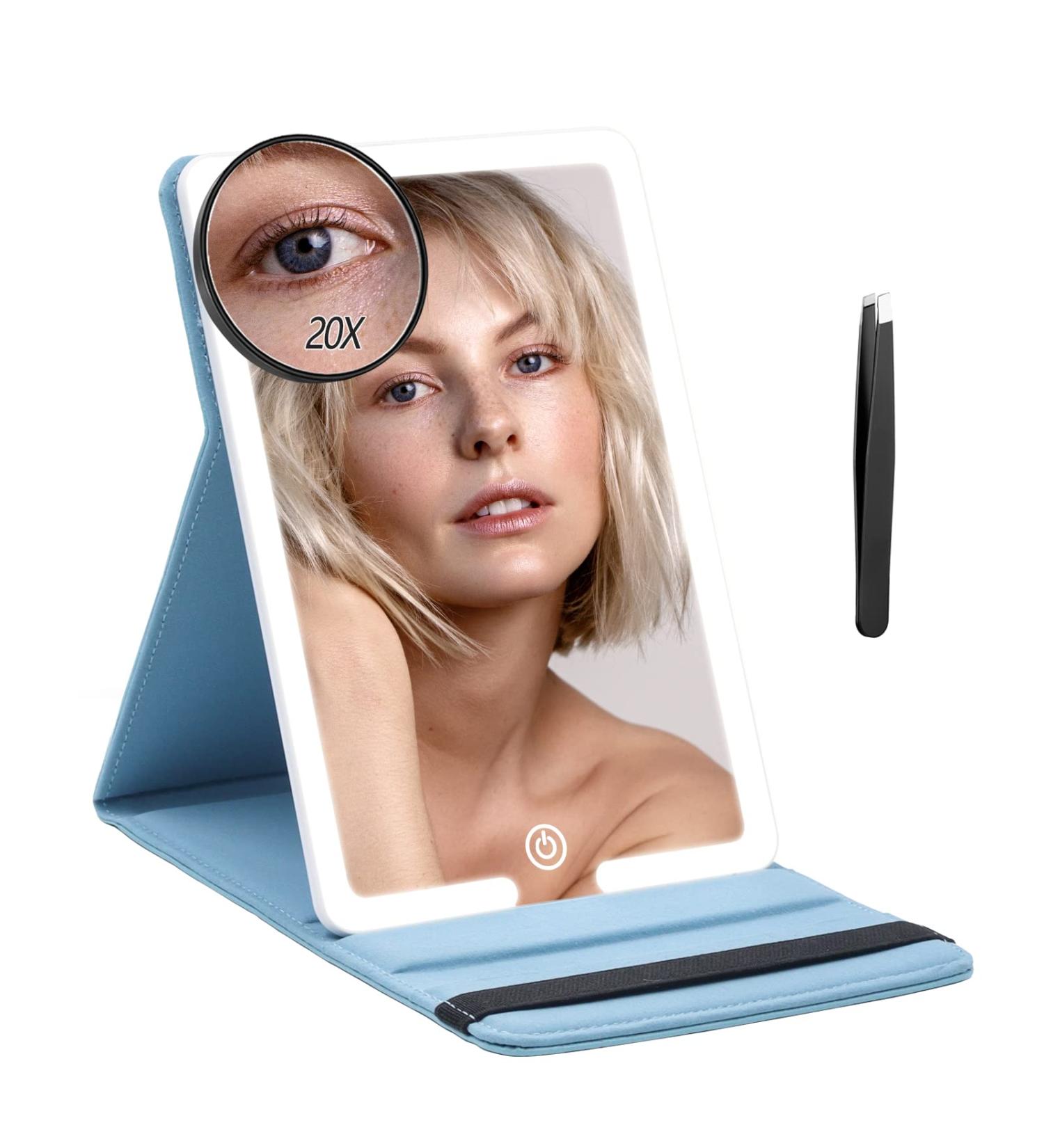 RRtide Travel Makeup Mirror with 20X Magnifying Mirror & 3 Color Modes - Compact Vanity LED Cosmetic Mirror in Blue - Perfect for Home, Office, and Travel - Buy Online on GoSupps.com