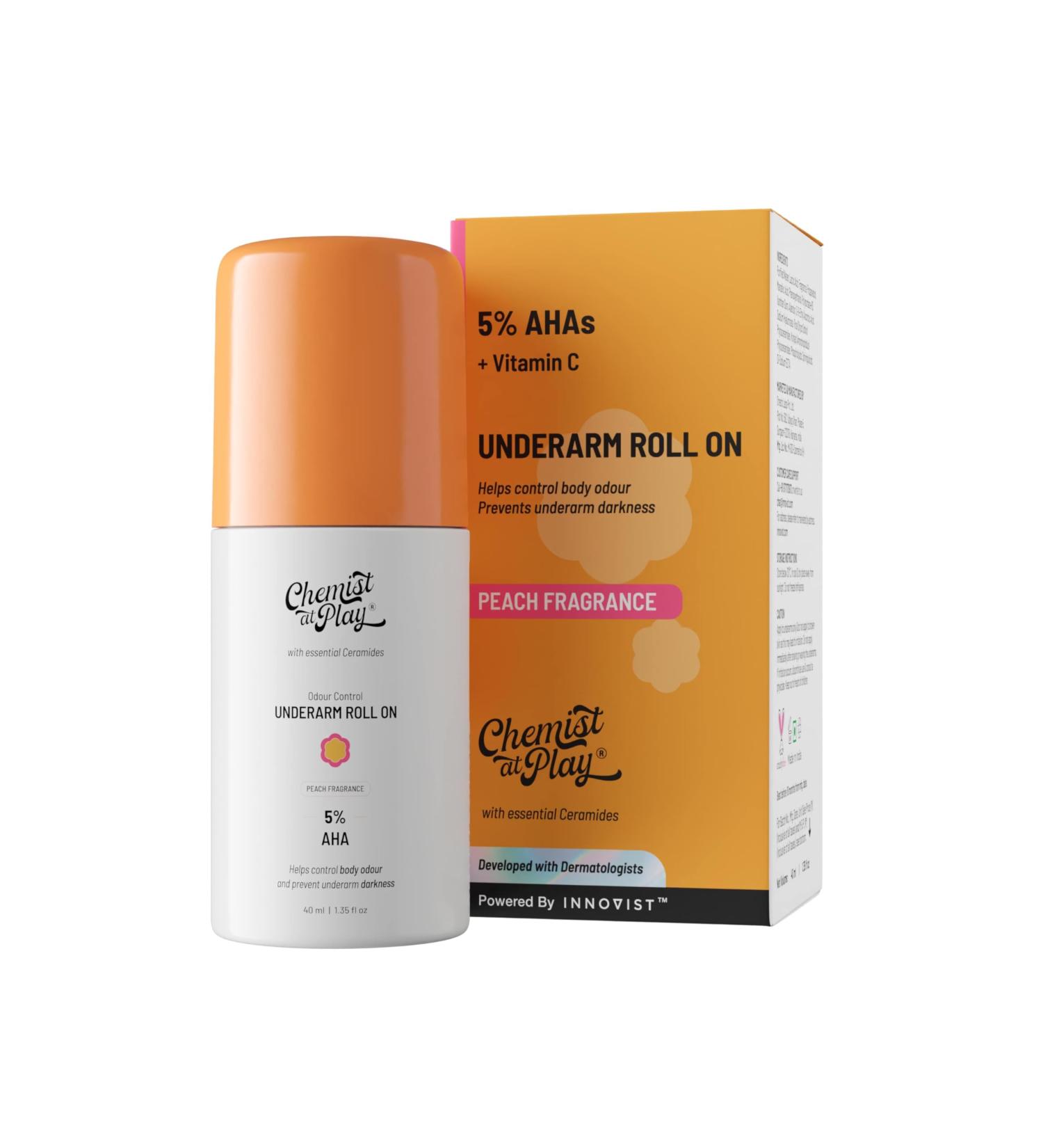 Under-Arm Roll-On Deodorant With 5% Lactic Acid & 1% Mandelic Acid Prevents Odour Brightens Skin & Exfoliates Underarm Long Lasting Peach Fragrance For Unisex 1.4 fl oz. 1.4 Fl Oz (Pack of 1) Peach - Buy Online on GoSupps.com