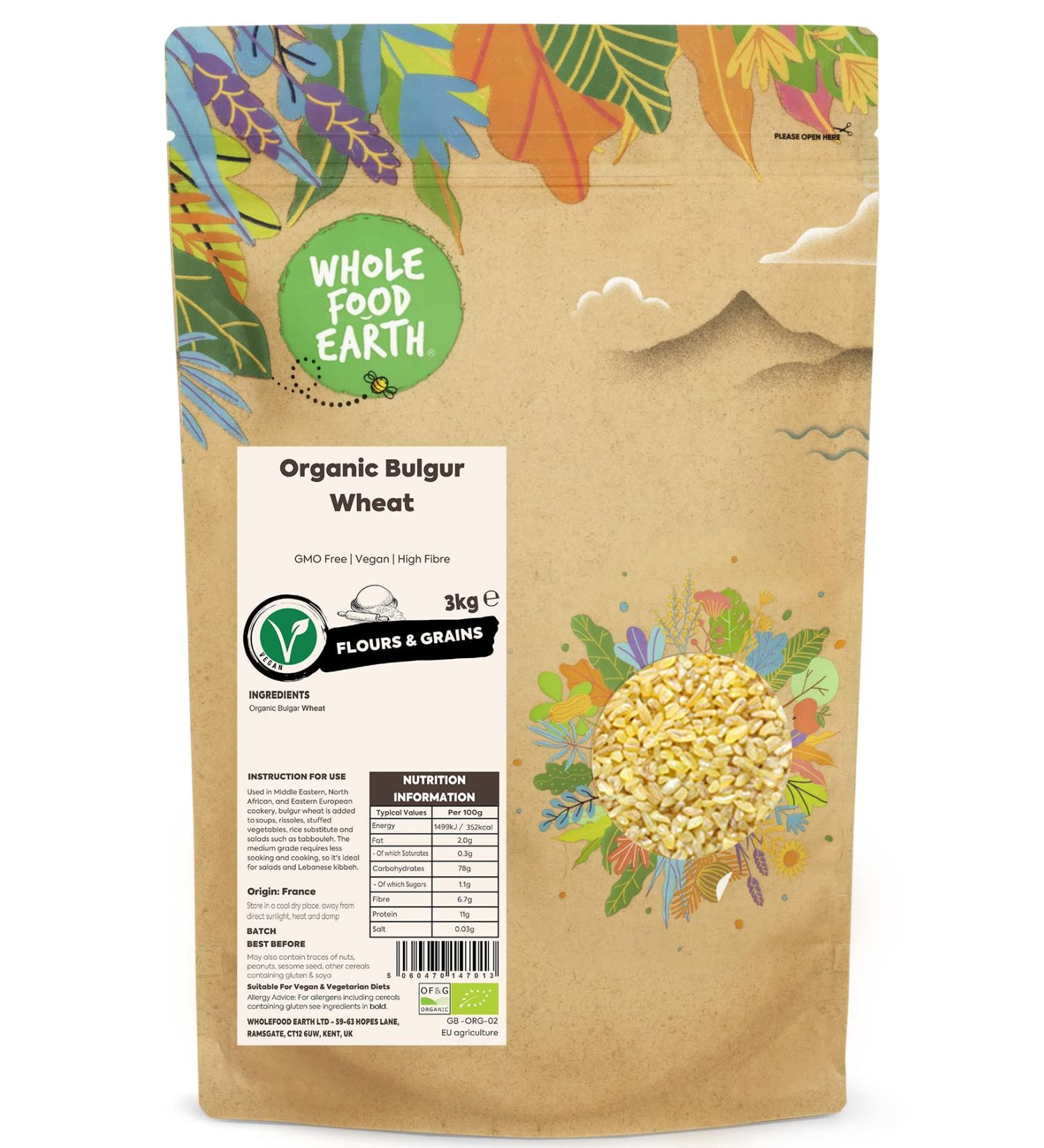 Wholefood Earth Organic Bulgur Wheat 3 kg - GMO Free, Vegan, High Fibre | Certified Organic - Buy Online on GoSupps.com