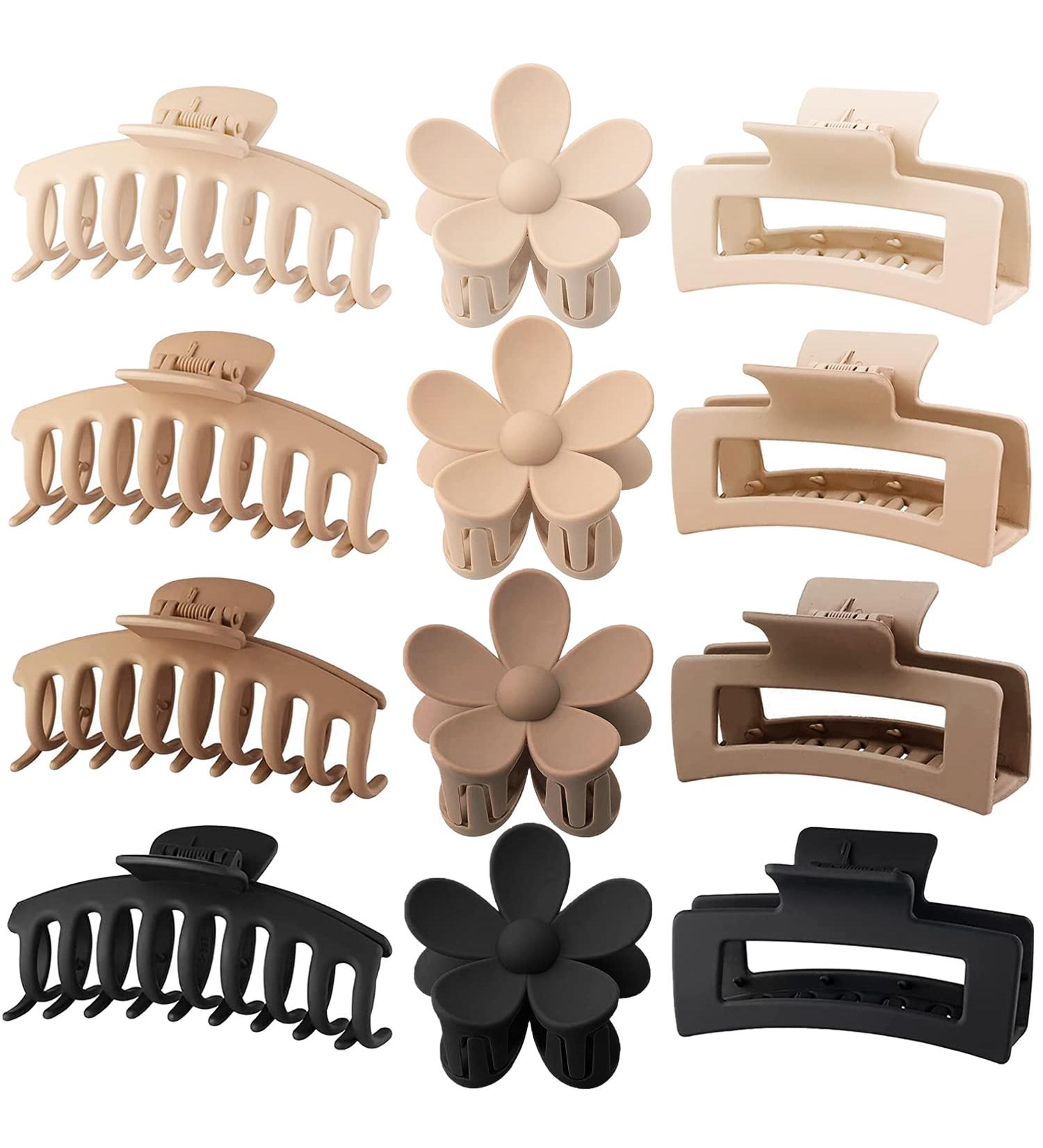 12 Pack Large Hair Claw Clips - Strong Hold Rectangle Flower Claw Clips for Women - Matte Finish Banana Clips - 3 Styles, Neutral Colors (Black, Coffee, Khaki, Beige) - Buy Online on GoSupps.com