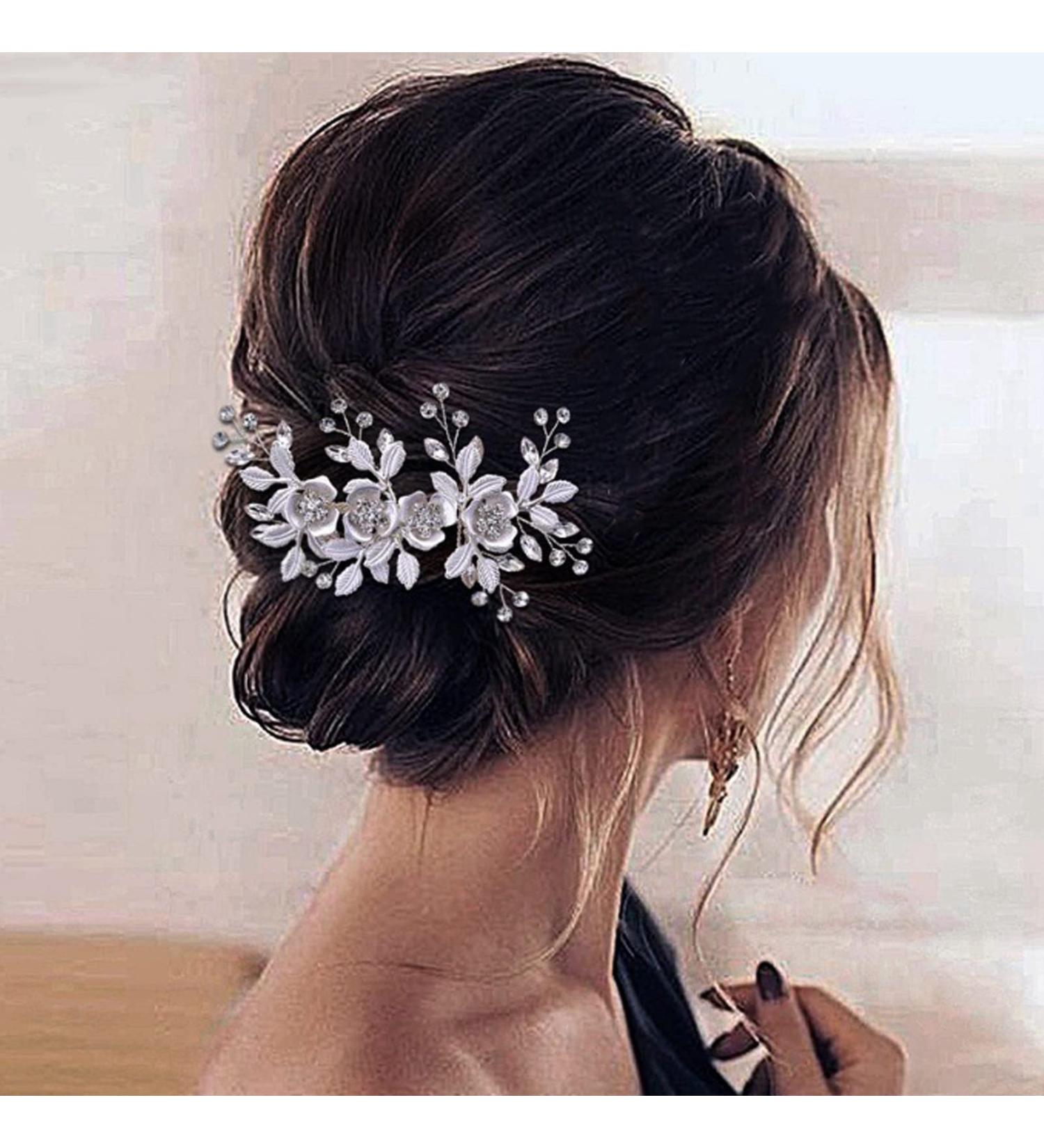 Bridal Wedding Hair Pins Silver Hair Wedding Accessories Rhinestone Hair Clips Flower Crystal Headpiece for Bridal Bridesmaid Girls Women Handmade Headband (Sliver) - Buy Online on GoSupps.com