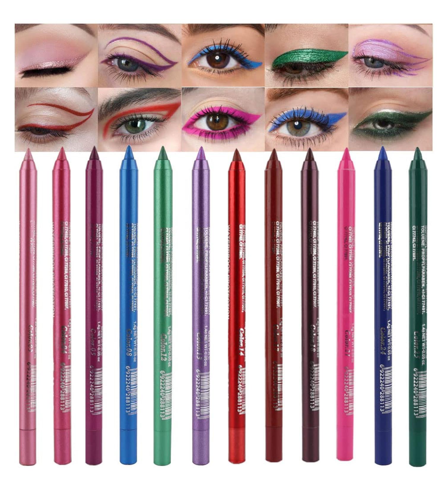 12Pcs Glitter Eyeliner Pencils Makeup Set in Pink, Rose Red, Orange, Purple, Black, Silver, Blue, Red, Brown Colors - Waterproof Eye Liner Pencils for Women - 12 Count Pack - Buy Online on GoSupps.com