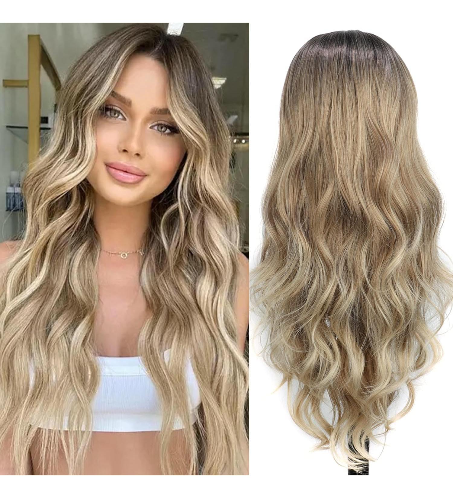 Shop Porsmeer Long Brown Blonde Ombre Wigs - Natural Synthetic Hair Curly & Wavy Styles for Women | Perfect for Everyday Anime Cosplay Halloween & Carnival - Buy Online on GoSupps.com