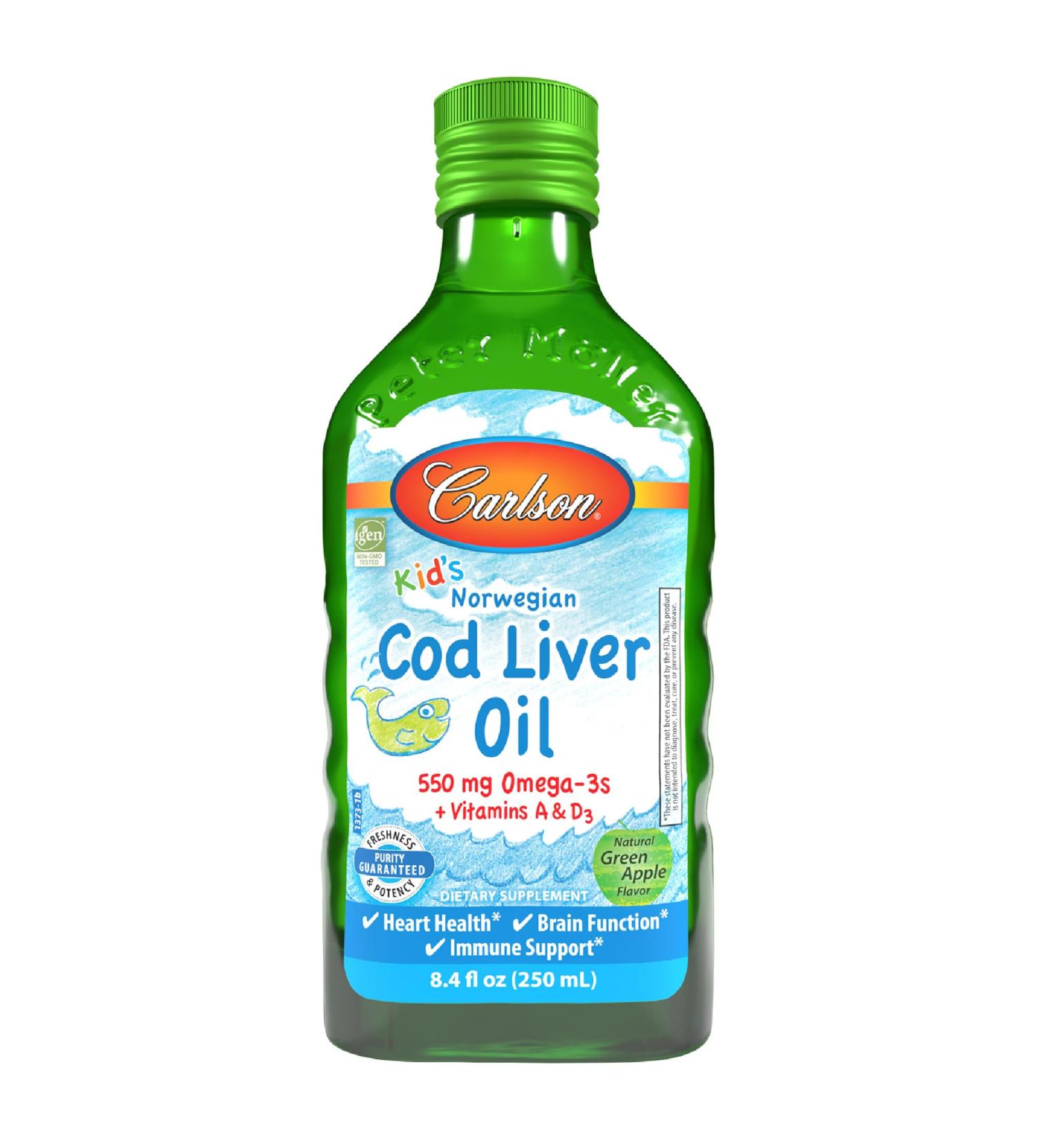 Carlson - Kid's Cod Liver Oil 550 mg Omega-3s Plus Vitamins A and D3 Wild Caught Norwegian Arctic Cod Sustainably Sourced Nordic Liquid Fish Oil Green Apple 250 mL (8.4 Fl Oz) - Buy Online on GoSupps.com
