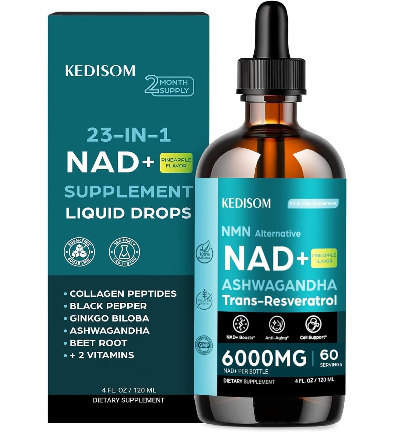 KEDISOM 23-in-1 Liposomal NAD Supplement - NAD+ Liquid Drops with Resveratrol, Black Pepper Extract - Support Anti-Aging, Brain & Cellular Mitochondrial Health - 4 Fl Oz, Pineapple Flavor - Buy Online on GoSupps.com