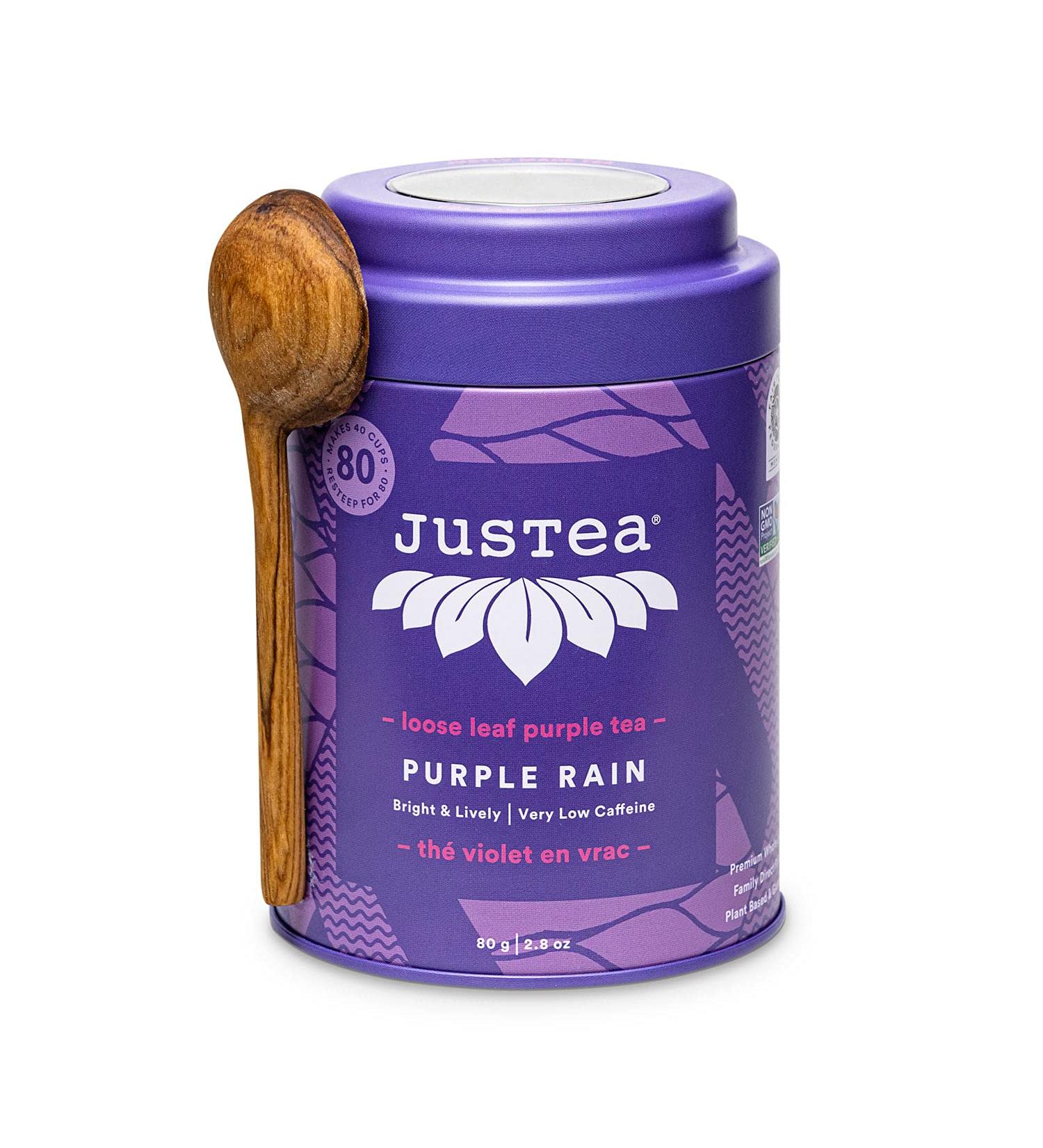 JusTea PURPLE RAIN | Loose Leaf Purple Tea | Tin with Hand Carved Tea Spoon | 40+ Cups (2.8oz) | Very Low Caffeine | Award-Winning | Fair Trade | Non-GMO Loose Leaf Tea Tin - Buy Online on GoSupps.com