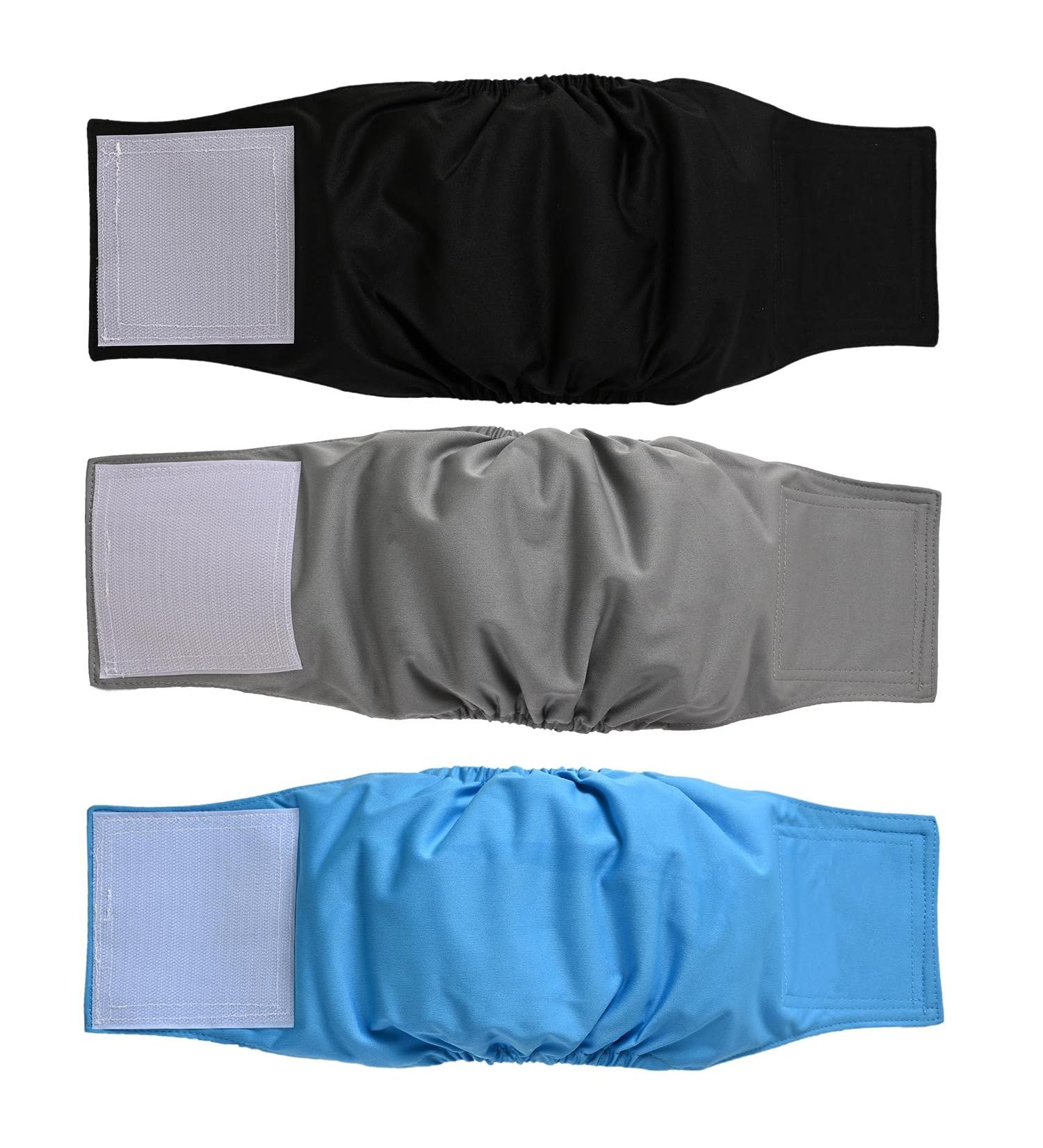 Premium Washable Belly Bands for Male Dogs - 3-Pack Dog Diapers in Black Gray & Blue - Buy Online on GoSupps.com