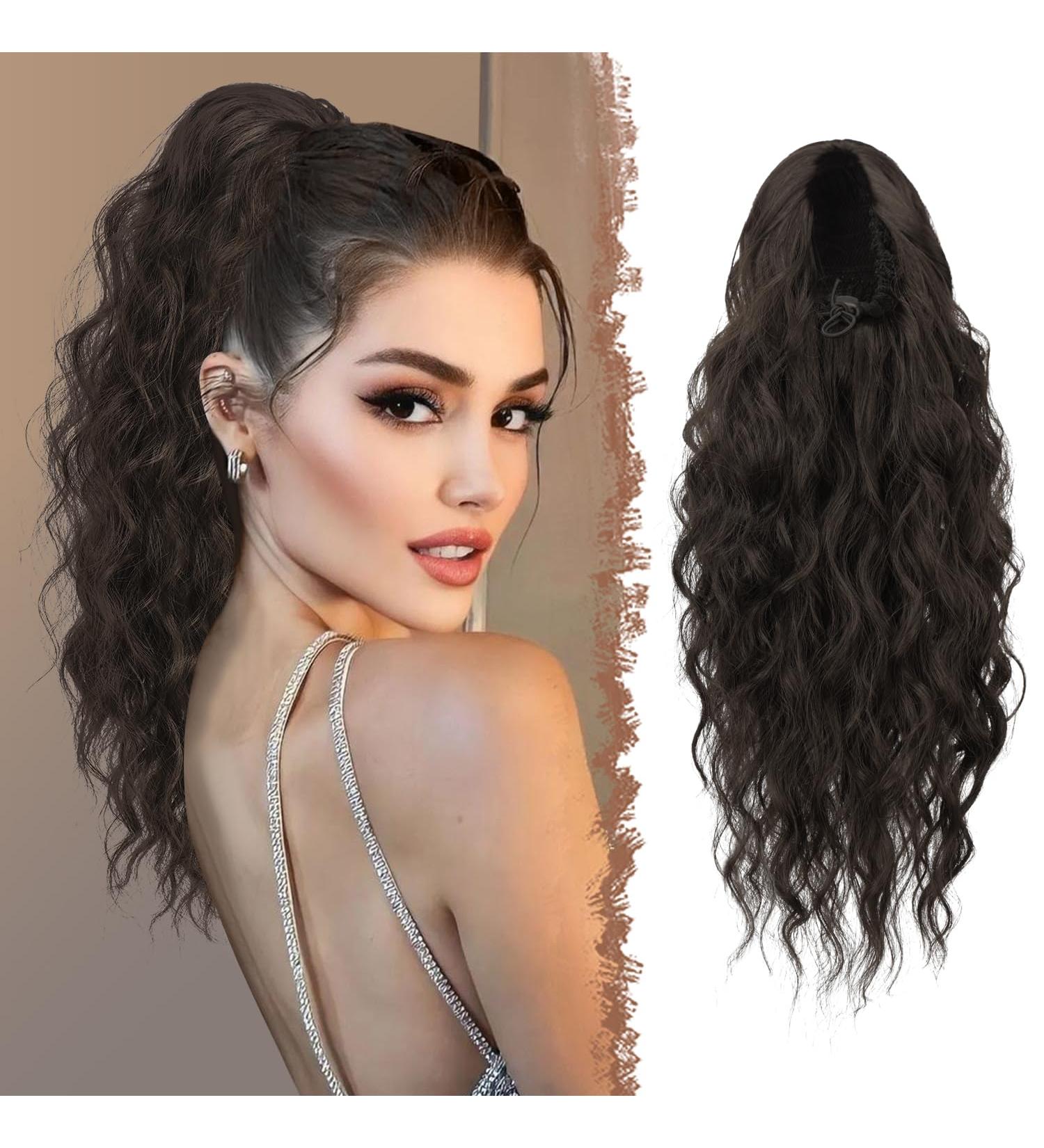 Feshfen Dark Brown Ponytail Hair Extension - 45cm Wavy Clip-In Braid for Women | Synthetic Long Waves - Buy Online on GoSupps.com