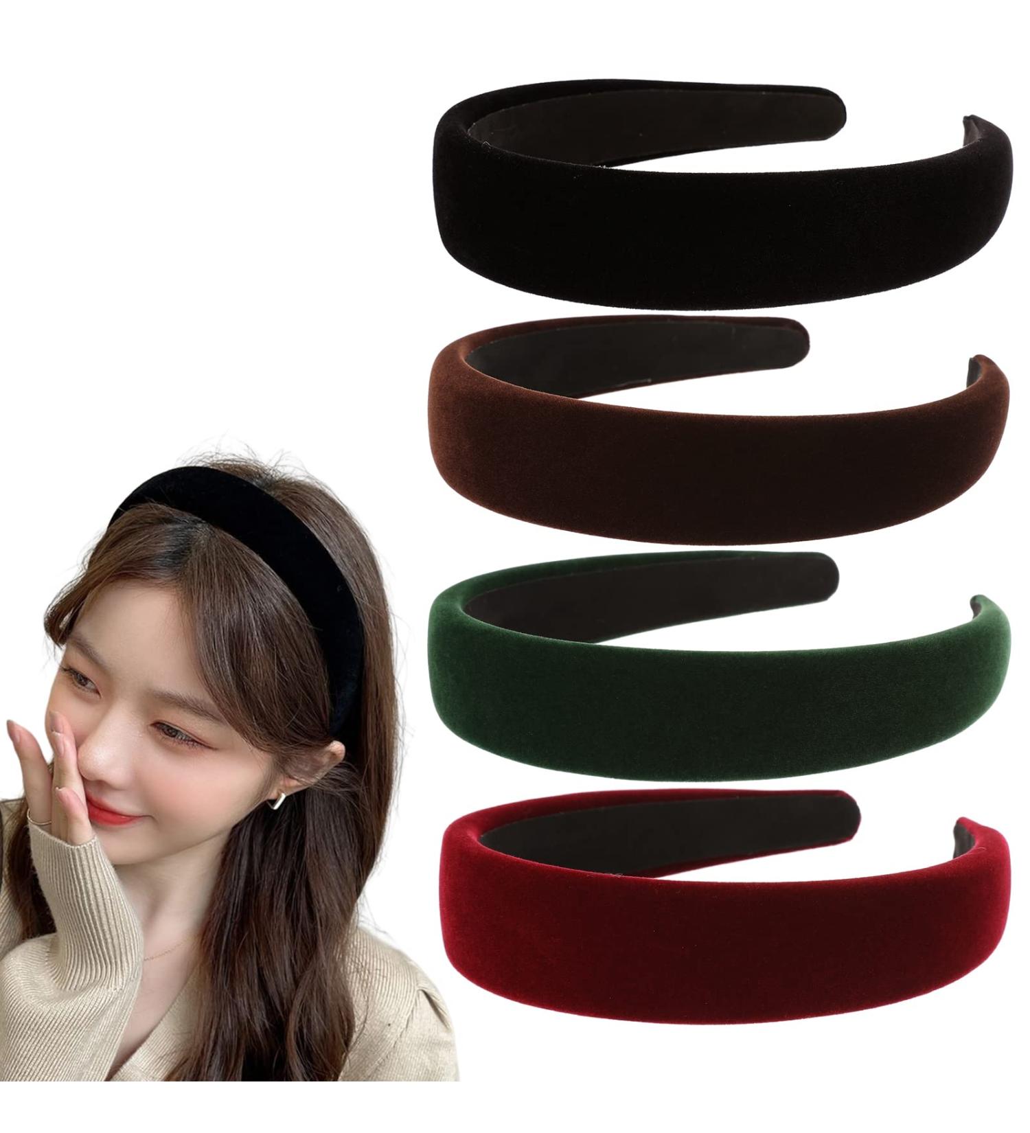 Velvet Wide Headbands for Women - Set of 4 Soft No Slip Headbands in Black, Red, Brown, Green - Thin Hair Accessories - Perfect Christmas Gift for Women and Girls - Buy Online on GoSupps.com