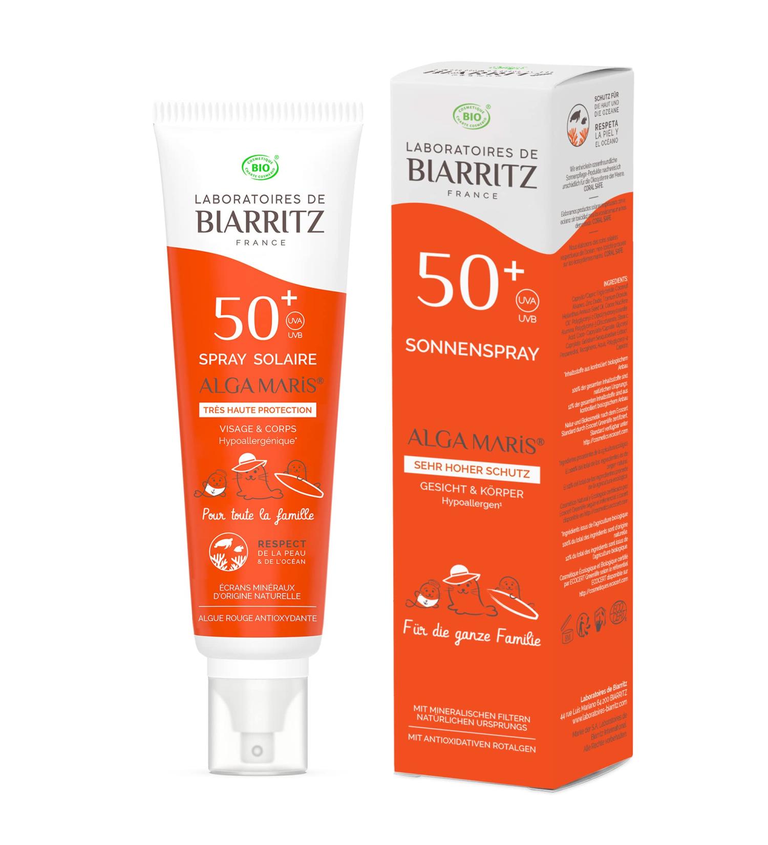 Laboratoires de Biarritz Sonnenpray LSF50+ ALGA Maris Bio - Certified Sunscreen for Face & Body - Family Size 150ml - Made in France - Suitable for Babies Children & Adults - Buy Online on GoSupps.com
