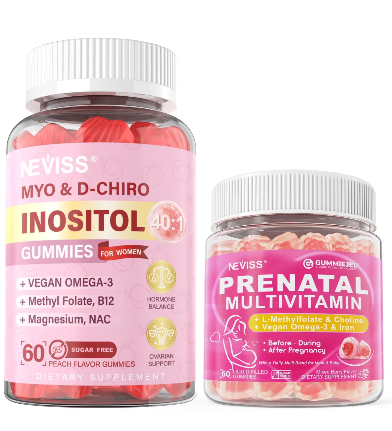 NEVISS Sugar Free 1 Pack Prenatal Vitamins for Women Gummies for Before During & After Pregnancy + 1 Pack 40:1 Ratio Inositol Gummies - Buy Online on GoSupps.com