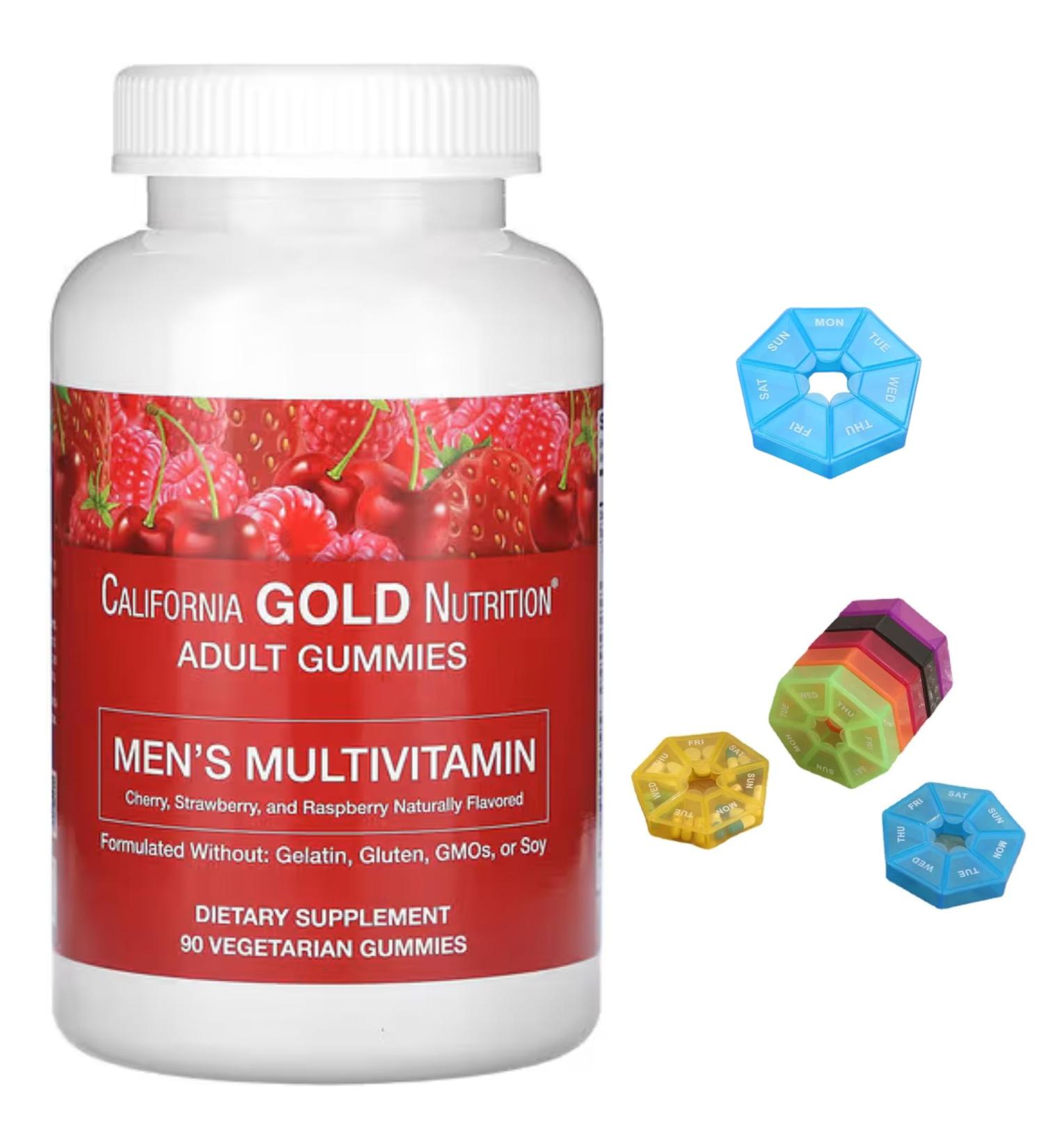 Men's Multivitamin Gummies Compatible With California Gold Nutrition Mixed Berry and Fruit 90 Gummies + Bonus Pill Organizer Weekly Pill Organizer Mini - Buy Online on GoSupps.com