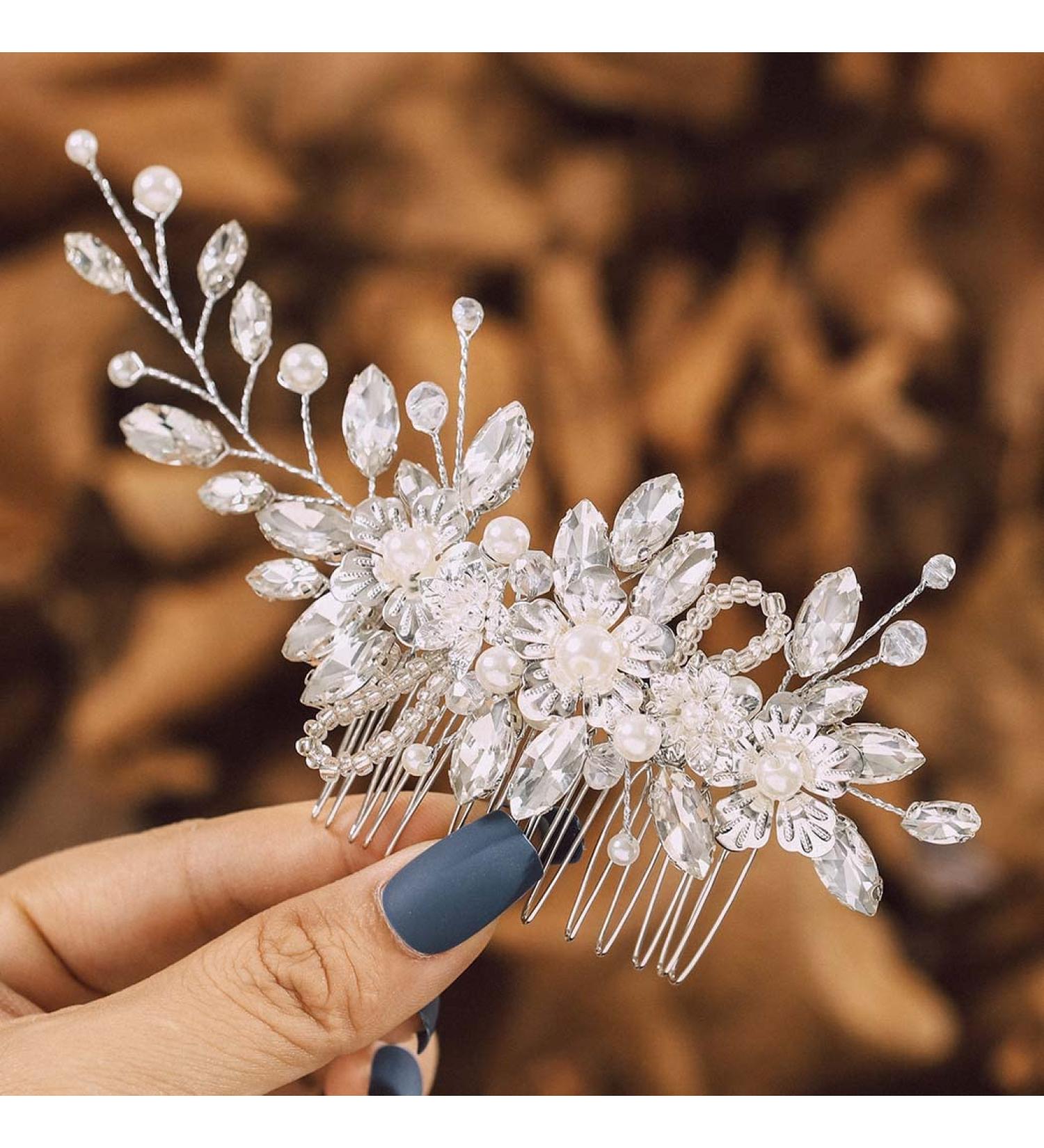 IYOU Bridal Wedding Hair Comb Sliver Sparkly Rhinestones Side comb Shiny Crystal Flower Hair Piece Bride Pearl Leaves Hair Accessories for Women and Girls - Buy Online on GoSupps.com