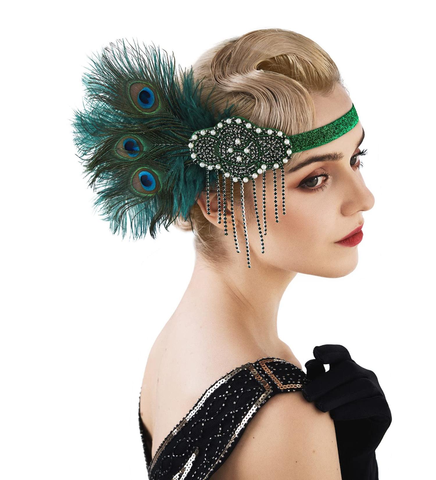 SWEETV Dark Green Rhinestone Flapper Headband - 1920s Great Gatsby Hair Accessories - Buy Online on GoSupps.com