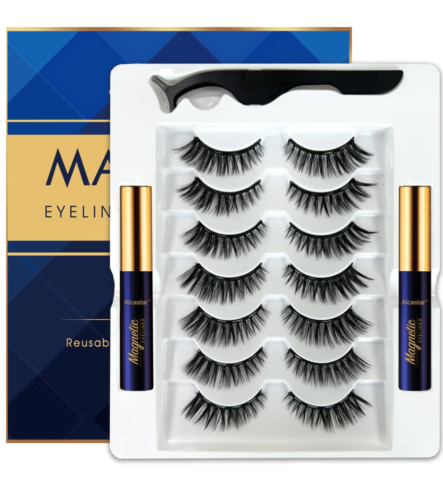 Alcastar False Eyelashes - 7 Pairs Magnetic Lashes Set with Eyeliner & Tweezers | Faux Mink Natural Look Reusable & Cruelty-Free - Buy Online on GoSupps.com