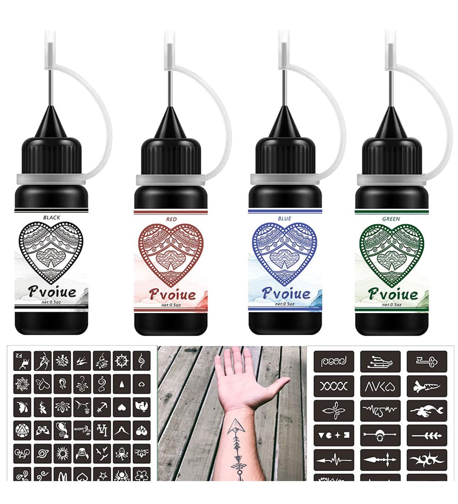Temporary Tattoos Kit - 4 Pcs with 3 Colors | DIY Tattoos for Women, Kids & Men - 78 Pcs Stencils & Body Markers - Buy Online on GoSupps.com